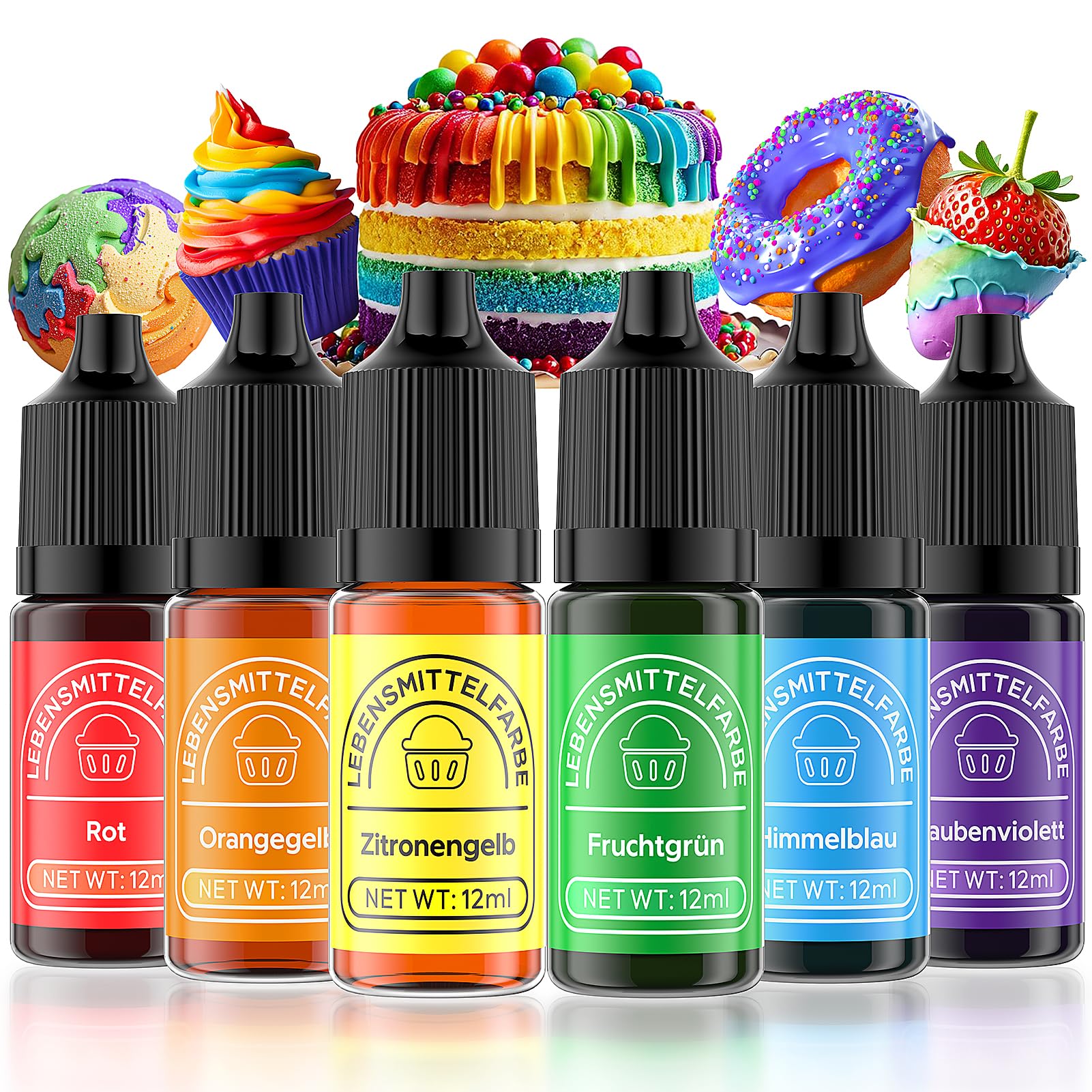 Wwtop Lebensmittelfarbe 6 Farben x12ml, Hochkonzentriert Lebensmittelfarbe Flüssig zum Backen, Lebensmittel Farben Food Coloring Set für Fondant, Christmas Kuchen, Macarons,Donuts,Kekse (Regenbogen)
