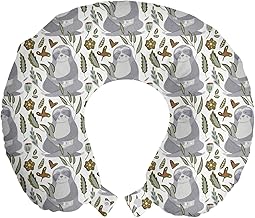 ABAKUHAUS Sloth Travel Pillow Neck Support, Lazy Animal in Autumn Motif, Foam Travel Items for Aeroplane and Car, 30 x 30 cm, Grey Khaki