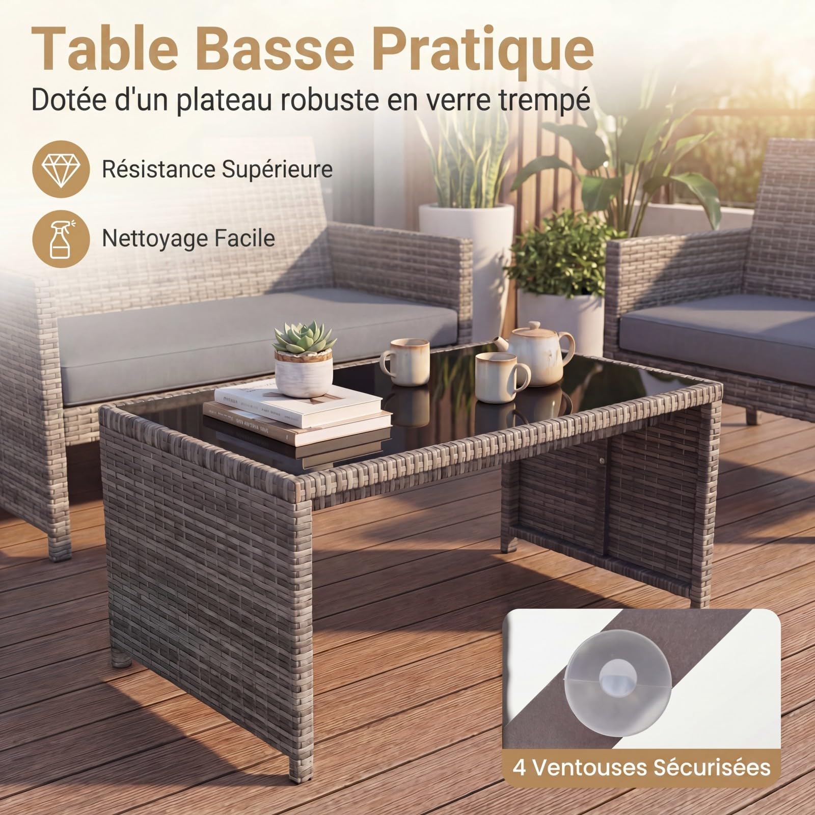 SOARS Salon de Jardin Exterieur en Rotin PE, 4 Personnes (Gris+Gris)