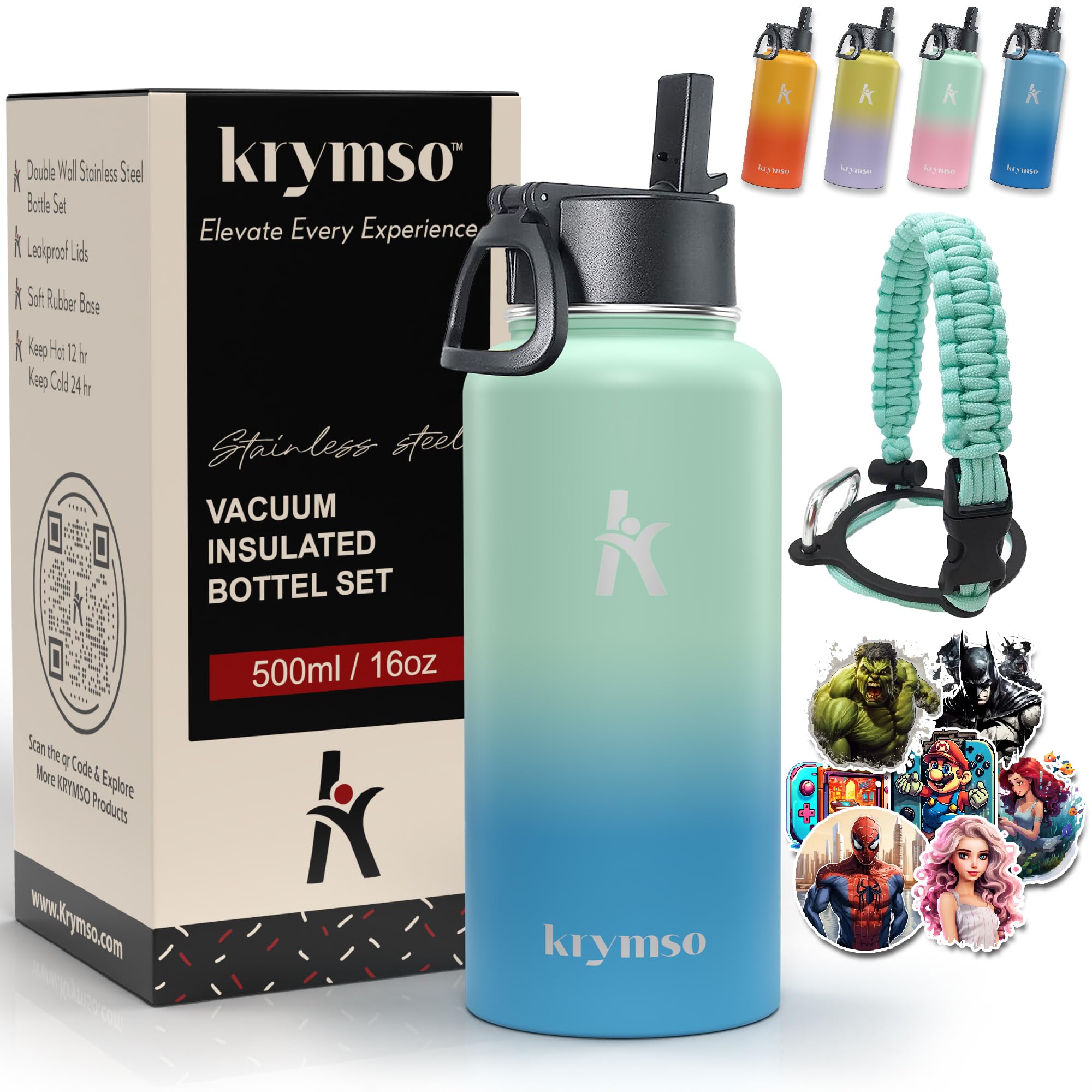 500ml Stainless Steel Water Bottle with Ai Stickers for Kids with Straw, Thermos, Insulated Cup, Water 500ml with (Aqua Sky)