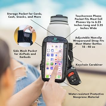 Gym Water Bottle Pouch with Waterproof Touchscreen Accessory Pocket for Phone. Keychain Carabiner, Side Mesh Pocket for AirPods. Fits 18-40 oz Stanley, Hydro Flask, Yeti, Iron Flask Bottles