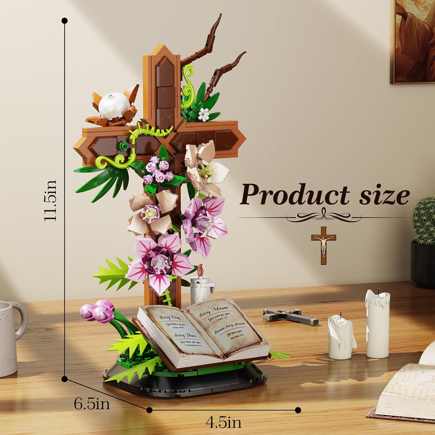 Cross Flower Building Set, Religious Cross Collectibles Compatible with Lego Jesus Catholic Building Toys, Easter, Christian, Birthday Gifts for Mothers, Women or Adults