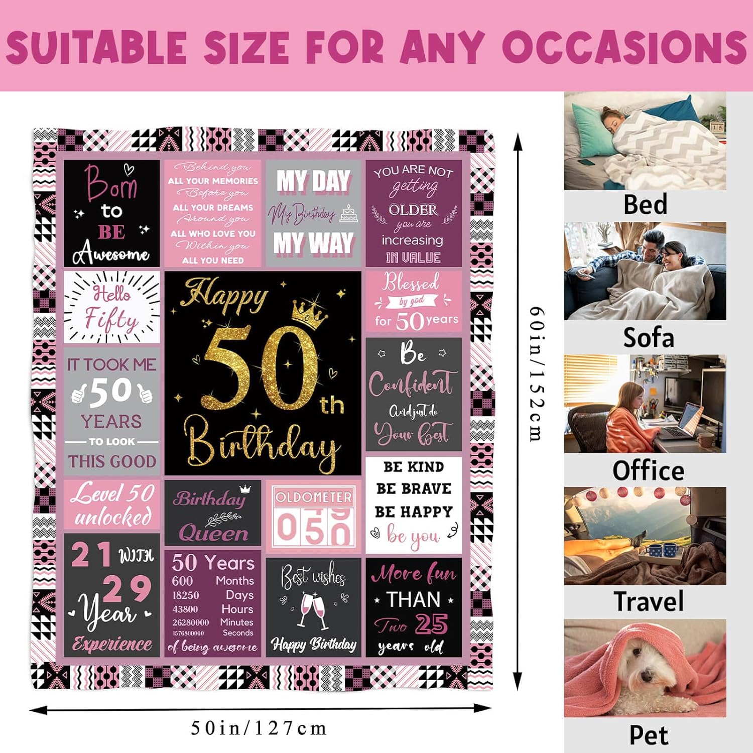 50 Birthday Gifts for Women, 50th Birthday Blanket with Gift Box for Women, Gifts for A 50th Birthday, Happy 50th Birthday Decorations Gift Ideas for Her, 50th Birthday Gifts Throw Blanket 60"x50" - Image 5