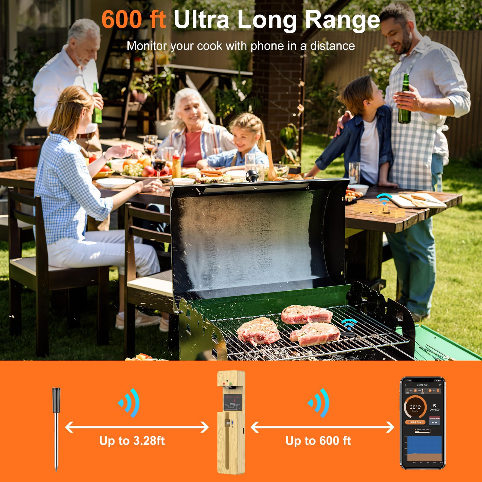 WEETIEE Jusqu'à 100m Longue Portée Thermomètre à Viande numérique sans fil Thermometre Cuisine Bluetooth intelligent Thermomètre de Barbecue Contrôle par App, Poignée en Céramique, pour Grill,four