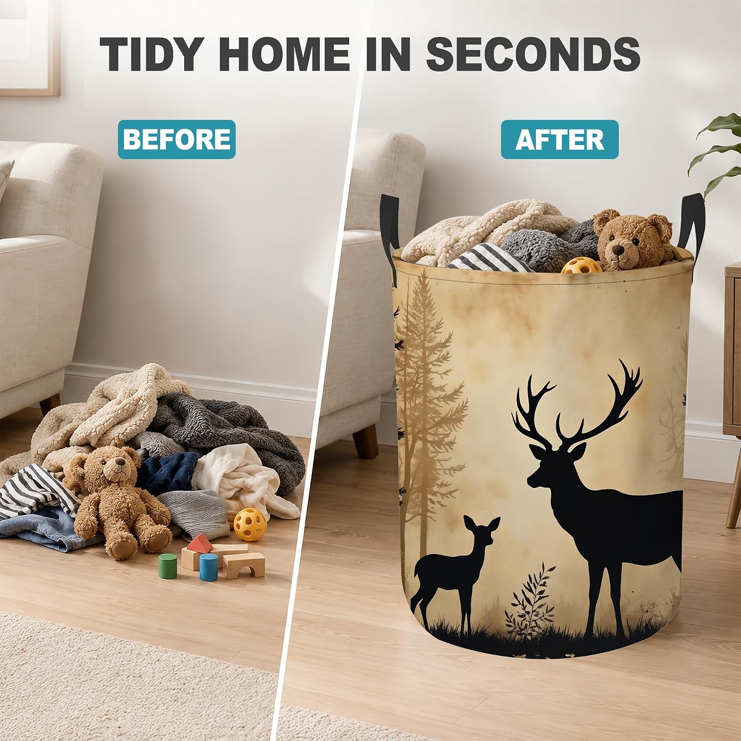 Laundry Hamper,Deer Forest Mountain Collapsible Laundry Basket with Handles,Rustic Cabin Waterproof Oxford Cloth Clothes Organizer for Bedroom Bathroom Dorm Nursery,16 x 20 Inch image 4