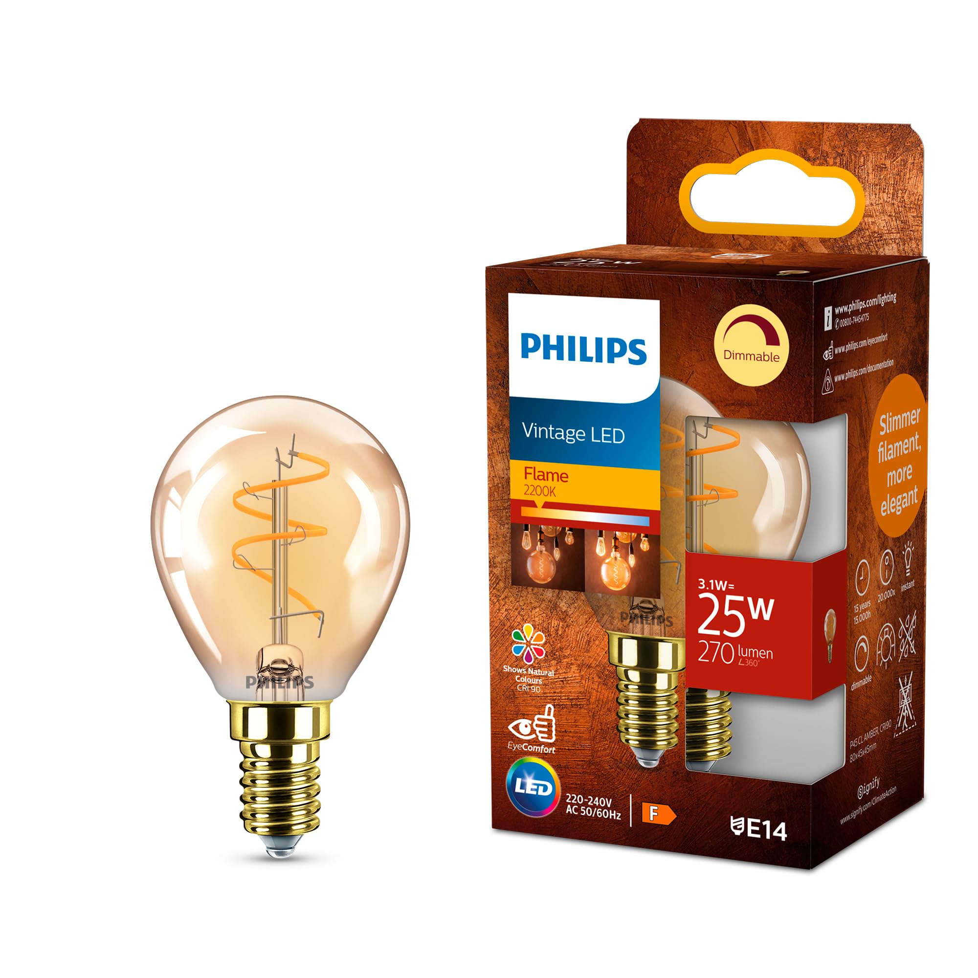 Philips Philips Vintage Amber Spiral P45 Bulb, Dimmable, Flicker-Free, EyeComfort, 270 Lumen, Flame (2200 K), 3.1 W=25 W, E14 Base, 1-Pa