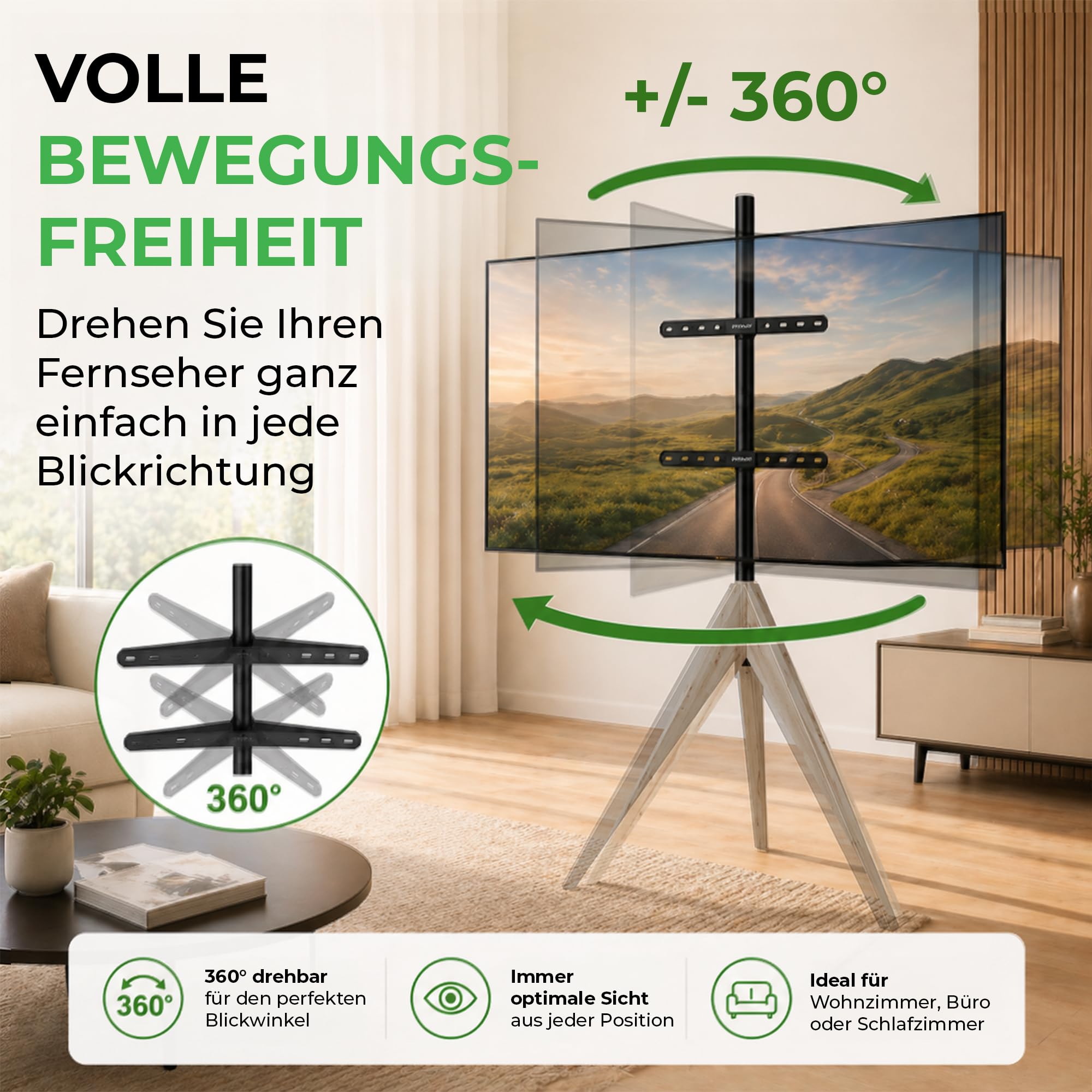 Argo Tripod TV Ständer, Höhe bis 140 cm, Drehbar 360 Grad, für TV ca. 26-65 Zoll, bis 40 kg, max. VESA 400x400mm, TV-Standfuss gealterte Eiche