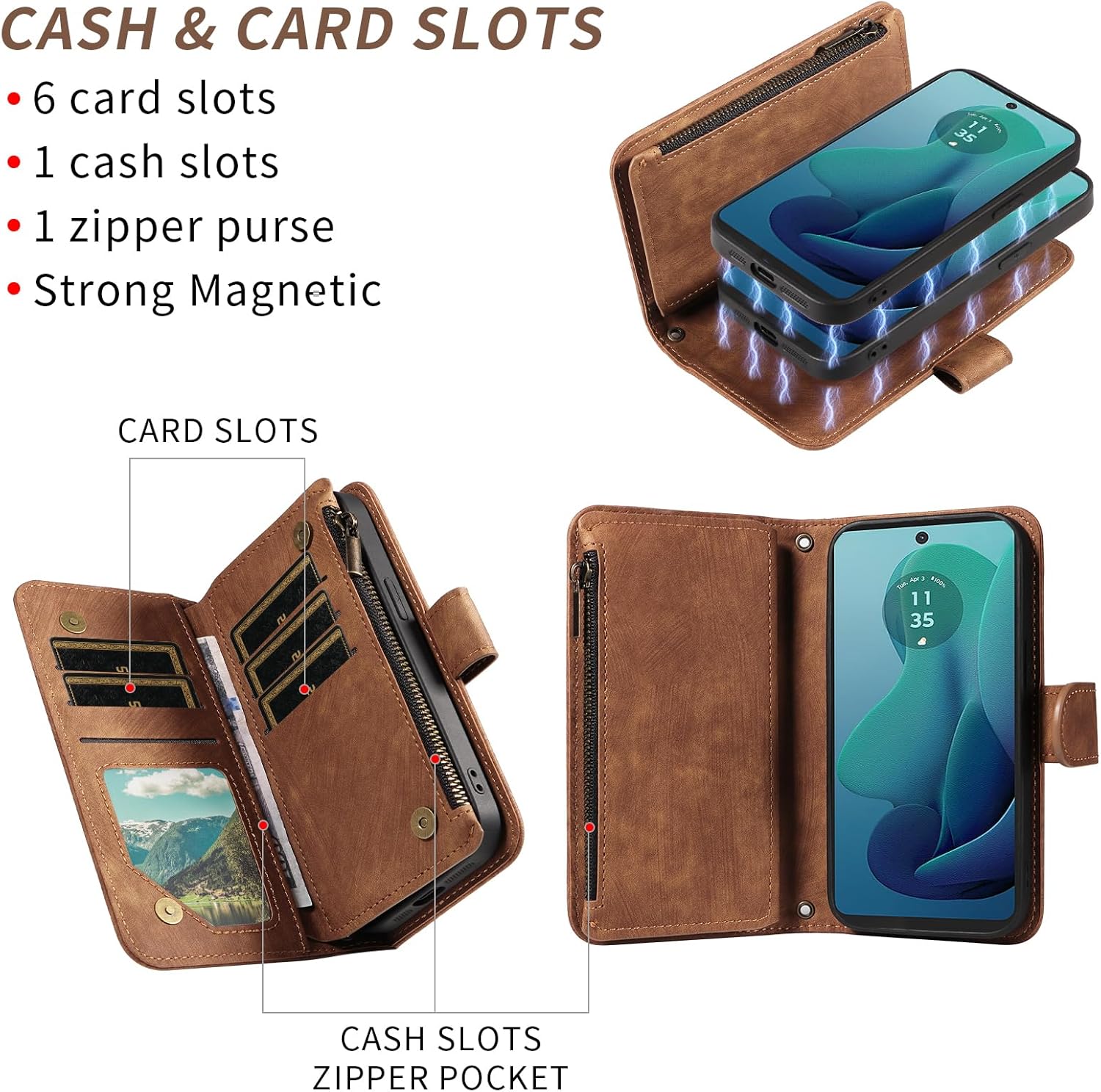 Asuwish Phone Case for Motorola Moto G 5G 2024 Zipper Wallet Detachable Magnetic Cover with Tempered Glass Screen Protector Crossbody Lanyard Strap Flip Card Holder Slot G5G 5 G G5 Women Girls Brown