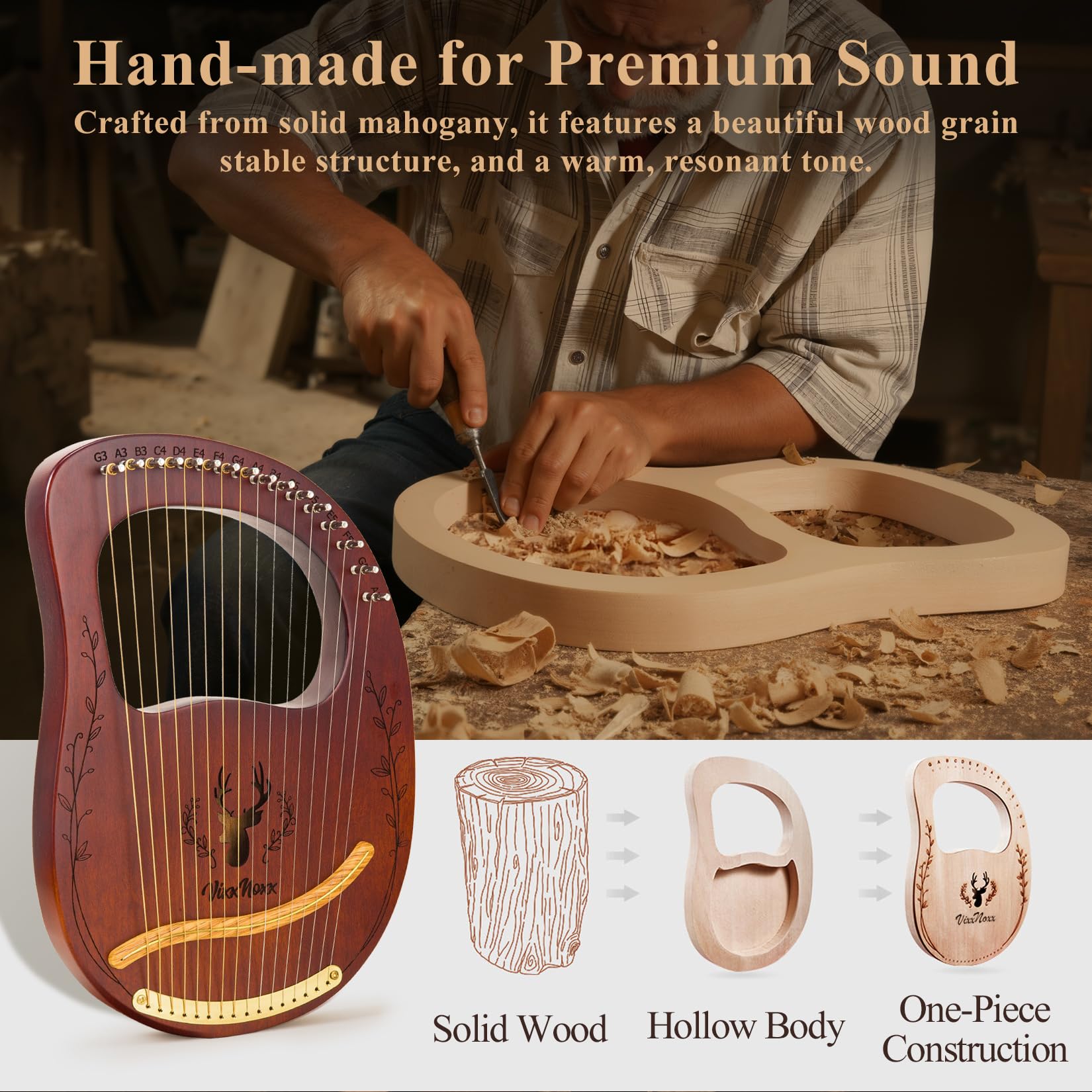 Lyre Harp Kit, Arpa in Mogano 16 Corde, Strumenti Musicali a Corda con Chiave, Istruzioni per L'Uso (Lingua Italiana Non Garantita) per Principianti e Adulti