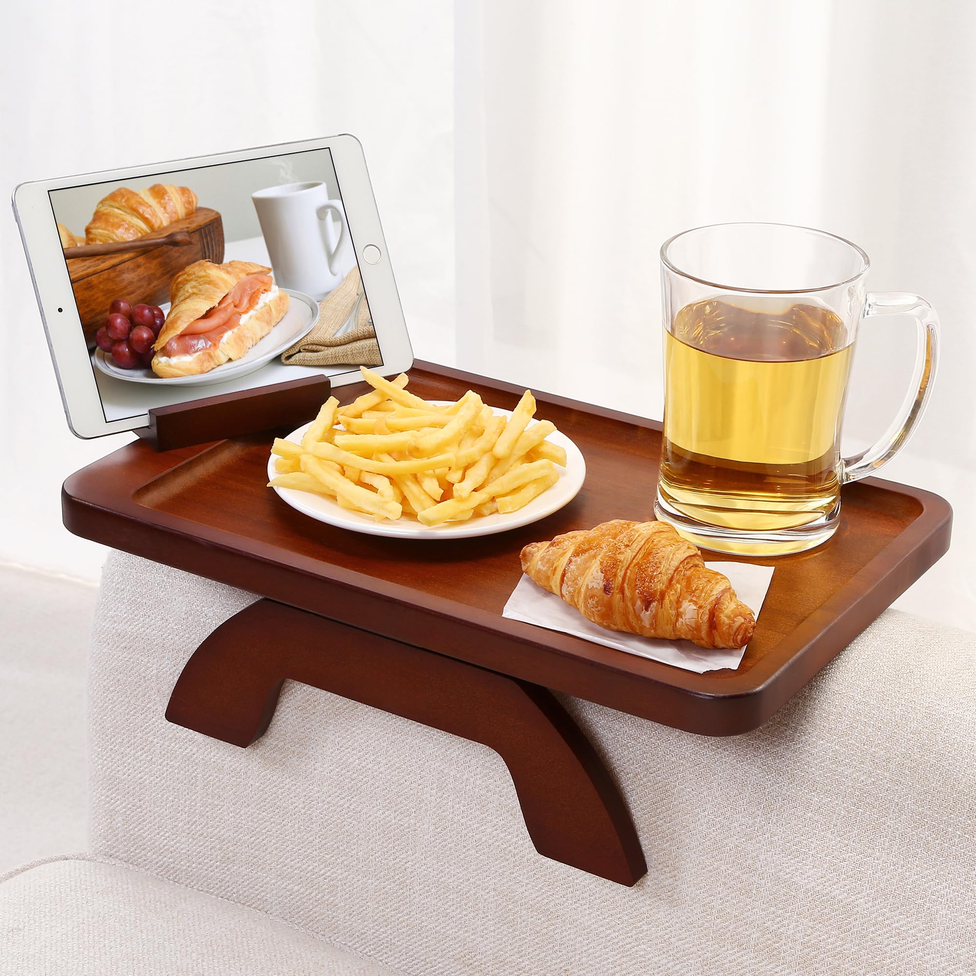 SINWANT Couch Arm Tray, Bamboo Couch Arm Table with 360° Rotating Phone Holder,Sofa Armrest Tray for Eating,Drinks,Snacks, Remote Control