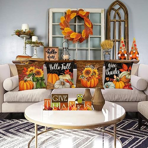 Miniatura 6 de Juego de 4 fundas de almohada de otoño de 12 x 12 pulgadas, fundas de almohada de calabazas de Acción de Gracias, fundas decorativas de girasol de