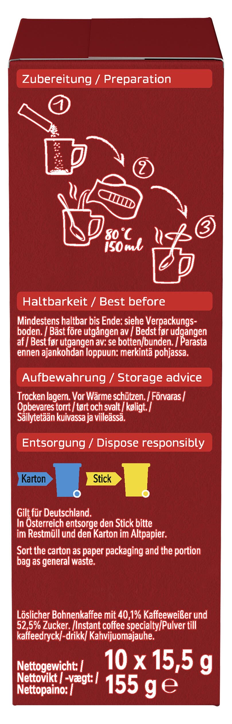 NESCAFÉ 3-in-1 Getränkepulver-Sticks, löslicher Bohnenkaffee mit Creamer & Zucker, Instant-Kaffee aus erlesenen Kaffeebohnen, koffeinhaltig, 8er Pack (8 x 10 Sticks à 15,5g)