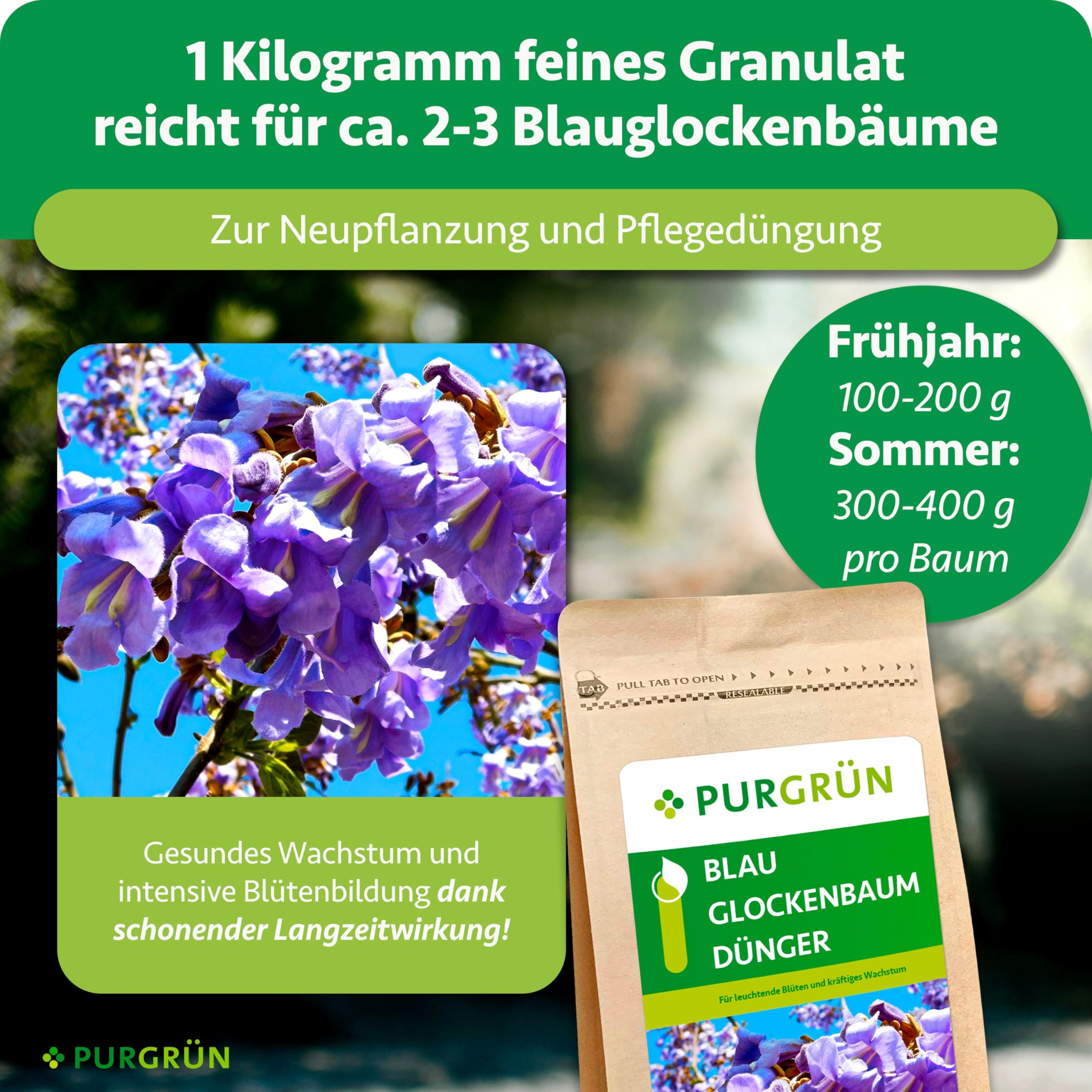 Blauglockenbaum-Dünger 1 kg – Organisch-mineralische Rezeptur – Feinkörniges Krümelgranulat – NPK 5+4+6 – Extra Magnesium für leuchtende Blüten – Verbessert die Bodenqualität