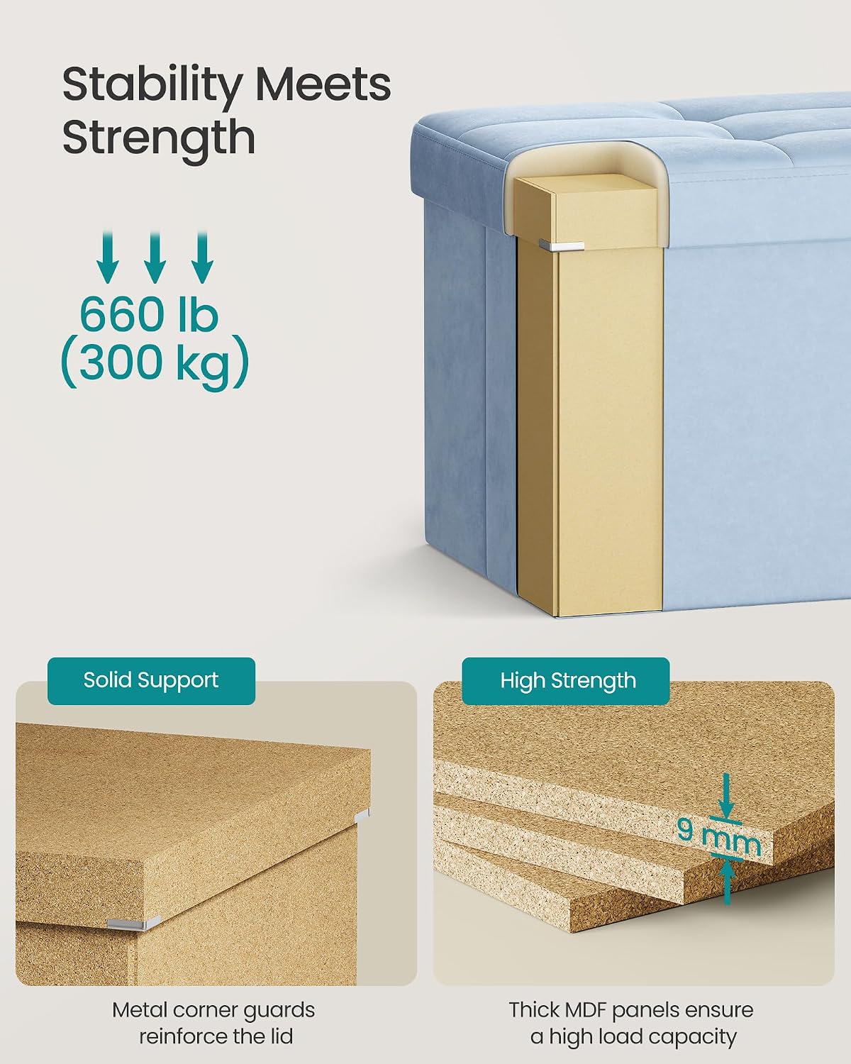 SONGMICS Mazie Collection - 43 Inches Storage Ottoman, Foldable Storage Bench with Flipping Lid, 660 lb Load Capacity, for Entryway, Living Room, Bedroom, Velvet Fabric, Pale Blue ULSF078QQ03
