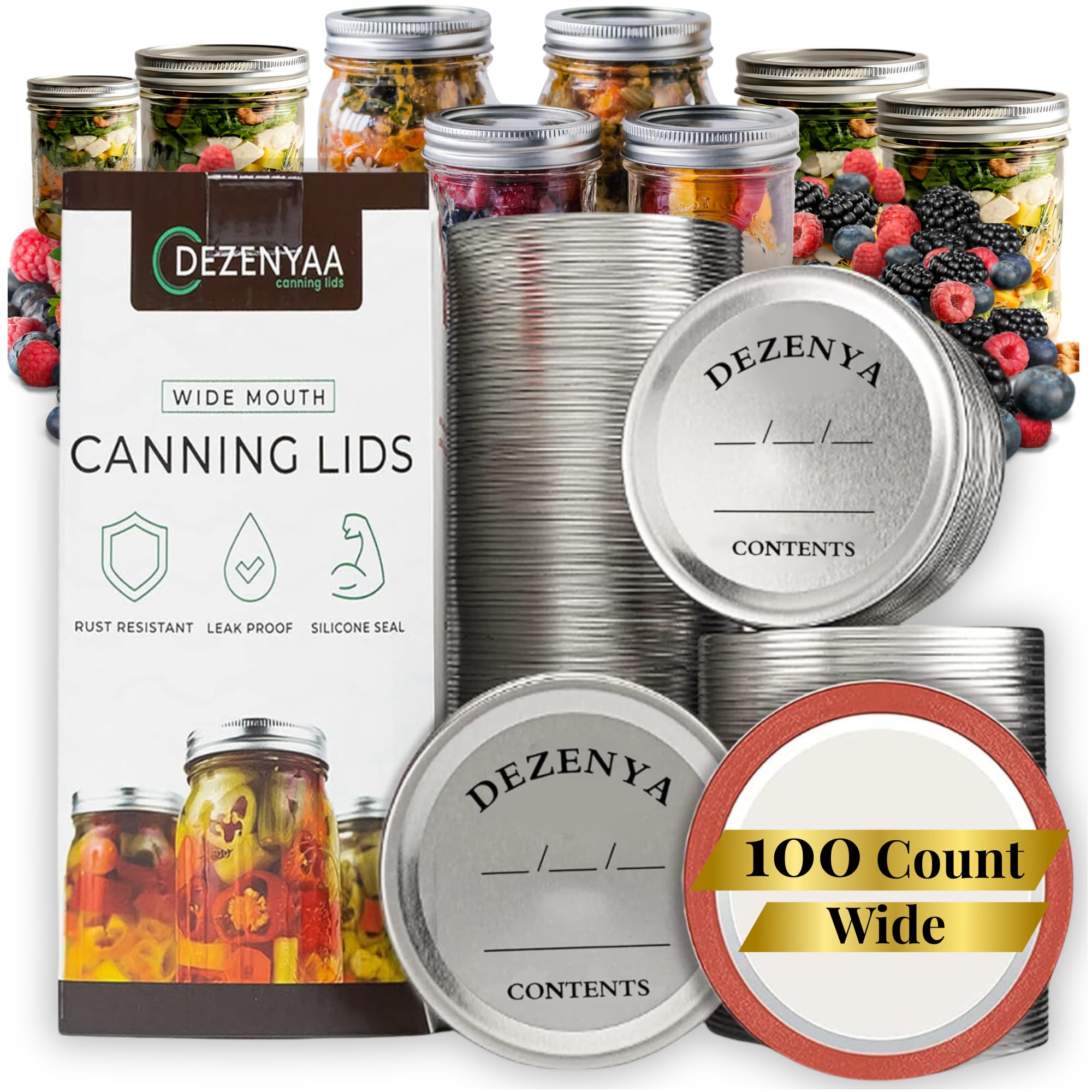 86mm Canning Lids Wide Mouth Lids Strong Silicone Create Airtight Seals,100 Count - Dezenyaa Canning Ball Wide Lids Sturdy Metal for Meal Preservation Food Storage -Fit for Wide Mouth Mason Jar Lids