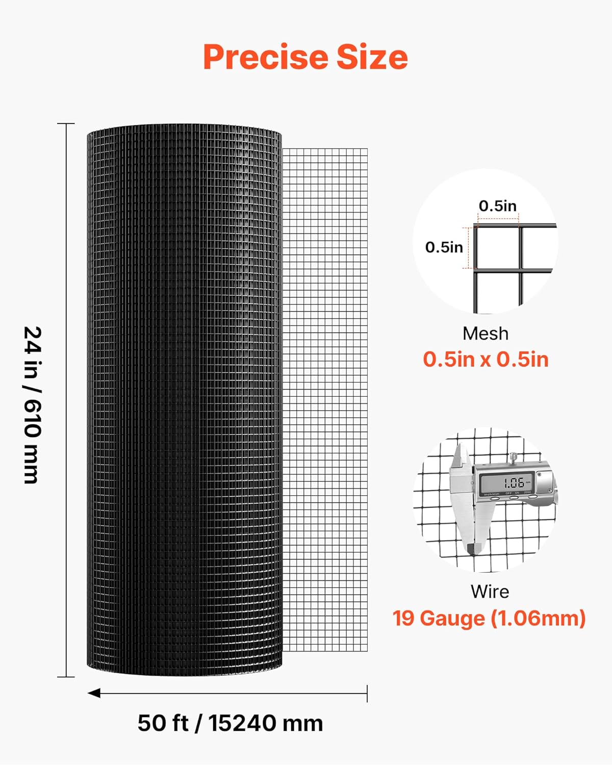 VEVOR Hardware Cloth 24 in x 50 ft, 1/2 in 19 Gauge Galvanized Wire Mesh Roll, Weather-Resistant Vinyl Coated Chicken Wire Fencing, Heavy Duty Welded Garden Plant Fencing for Rabbit Cage Snake Fence