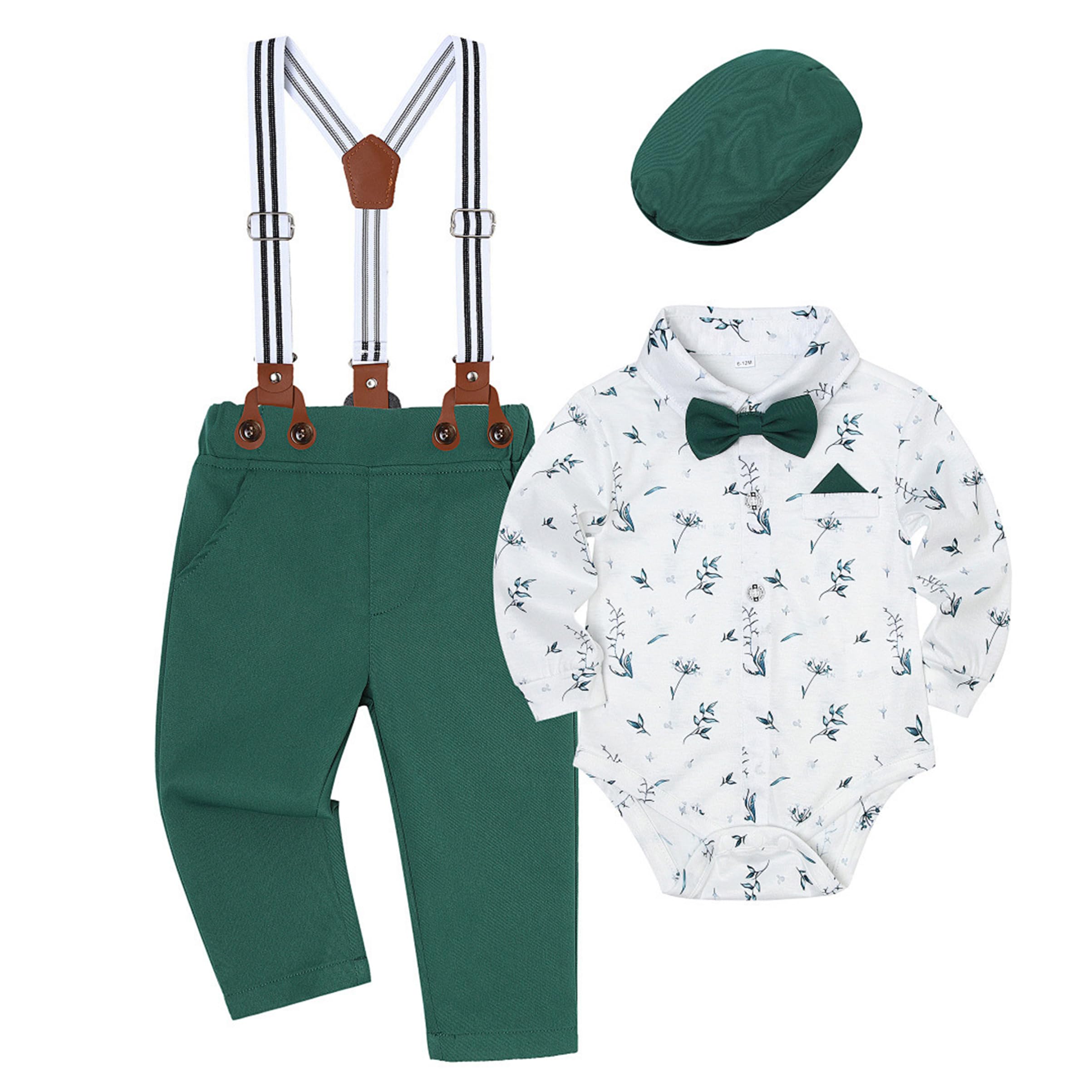 Volunboy Bebé Niño Caballero Conjunto, Cuadros Camisa con Pajarita + Tirantes Pantalones 5 Piezas Traje Ropa(18-24 meses,Tamaño 90,Verde)