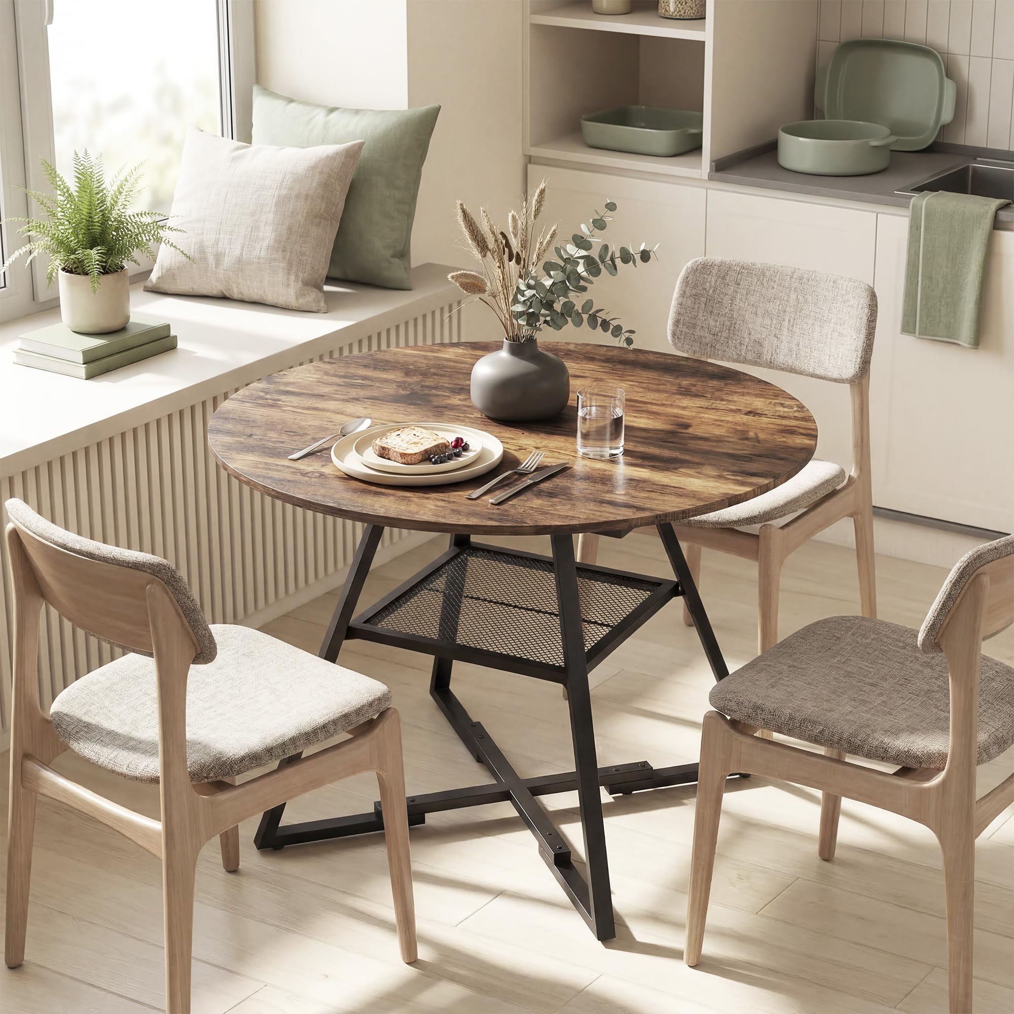 HOMCOM Table à Manger Ronde pour 4 Personnes avec Large Plateau et étagère de Rangement, Table de Cuisine Industrielle, Cadre en métal, Ø 100 x 76 cm, Brun Rustique