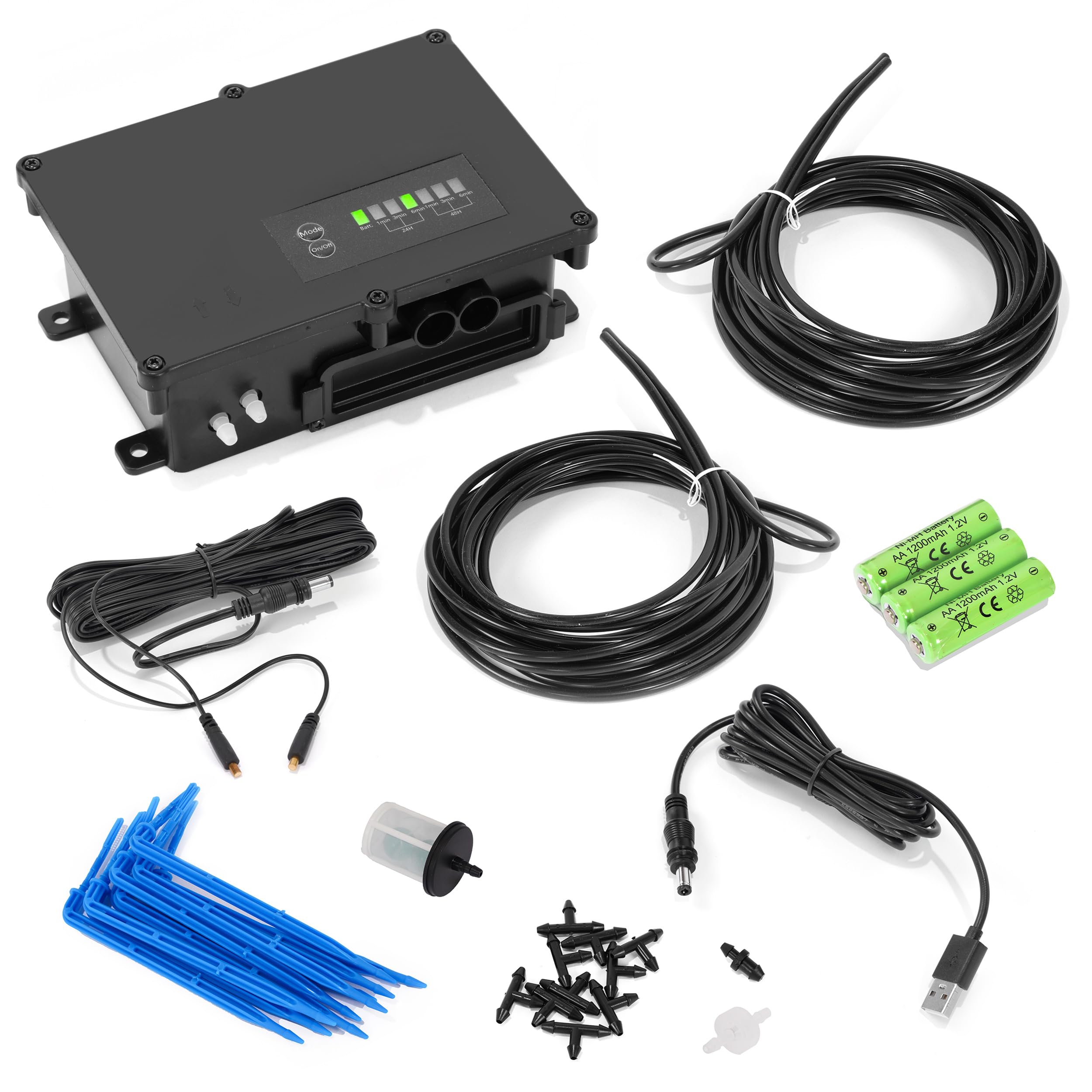 esotec Akku Bewässerungscomputer mit 10 Pfeiltropfern, Bewässerungssystem Indoor + Outdoor, automatische Bewässerung Urlaub, USB-Ladung, 5m Bewässerungsschlauch mit Wasserfilter, Pegelsensor 101104