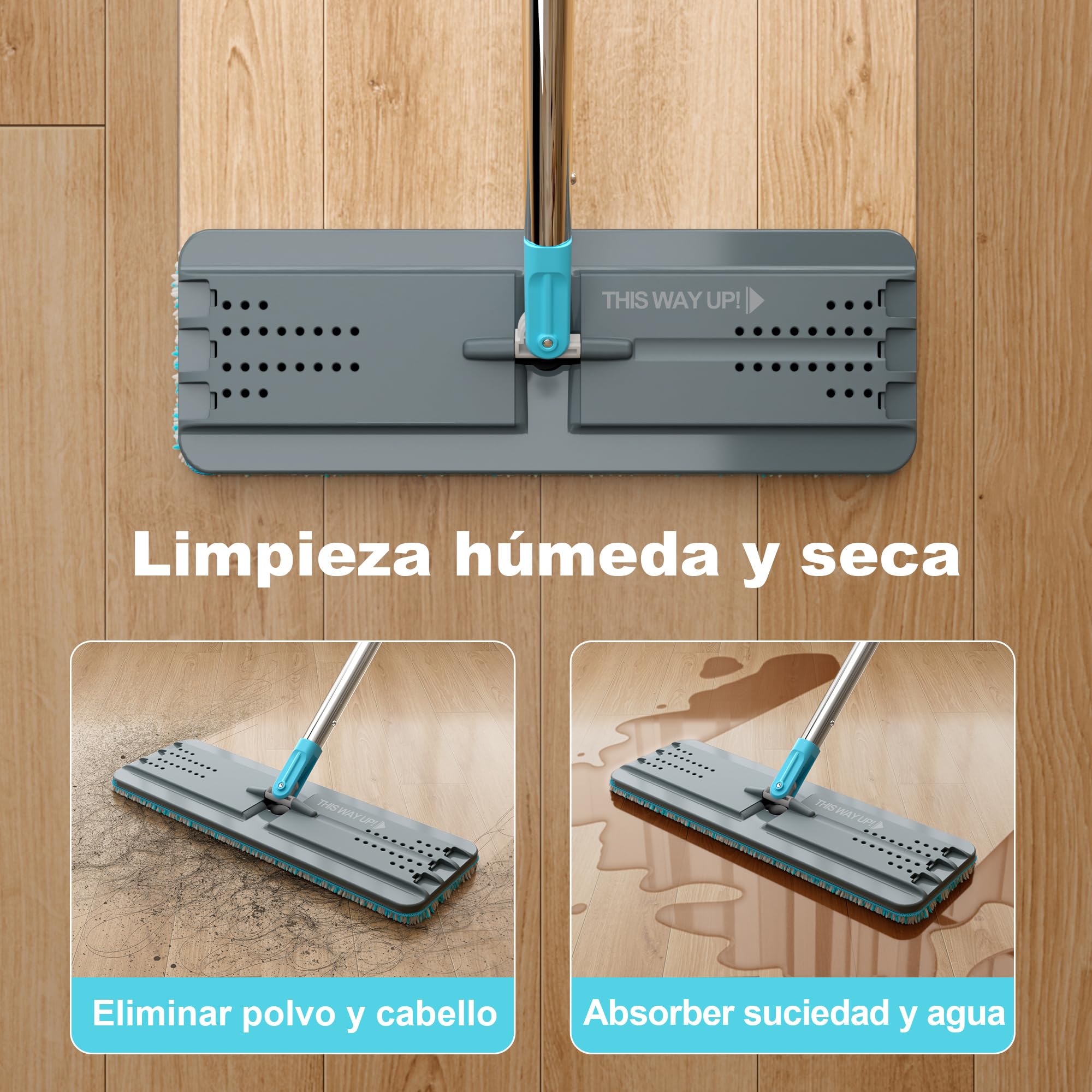JOYMOOP Juego de fregona y Cubo con escurridor, fregonas para Limpieza de Suelos, Limpiador de fregona de Pared con Mango Largo, con 6 Almohadillas de Microfibra Reutilizables, Gris y Azul Cian