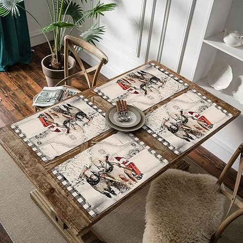 Miniatura 5 de ARTHMOM Juego de 4 manteles individuales de Navidad con diseño de caballo de Papá Noel, diseño de búfalo negro, 12 x 18 pulgadas, para vacaciones,
