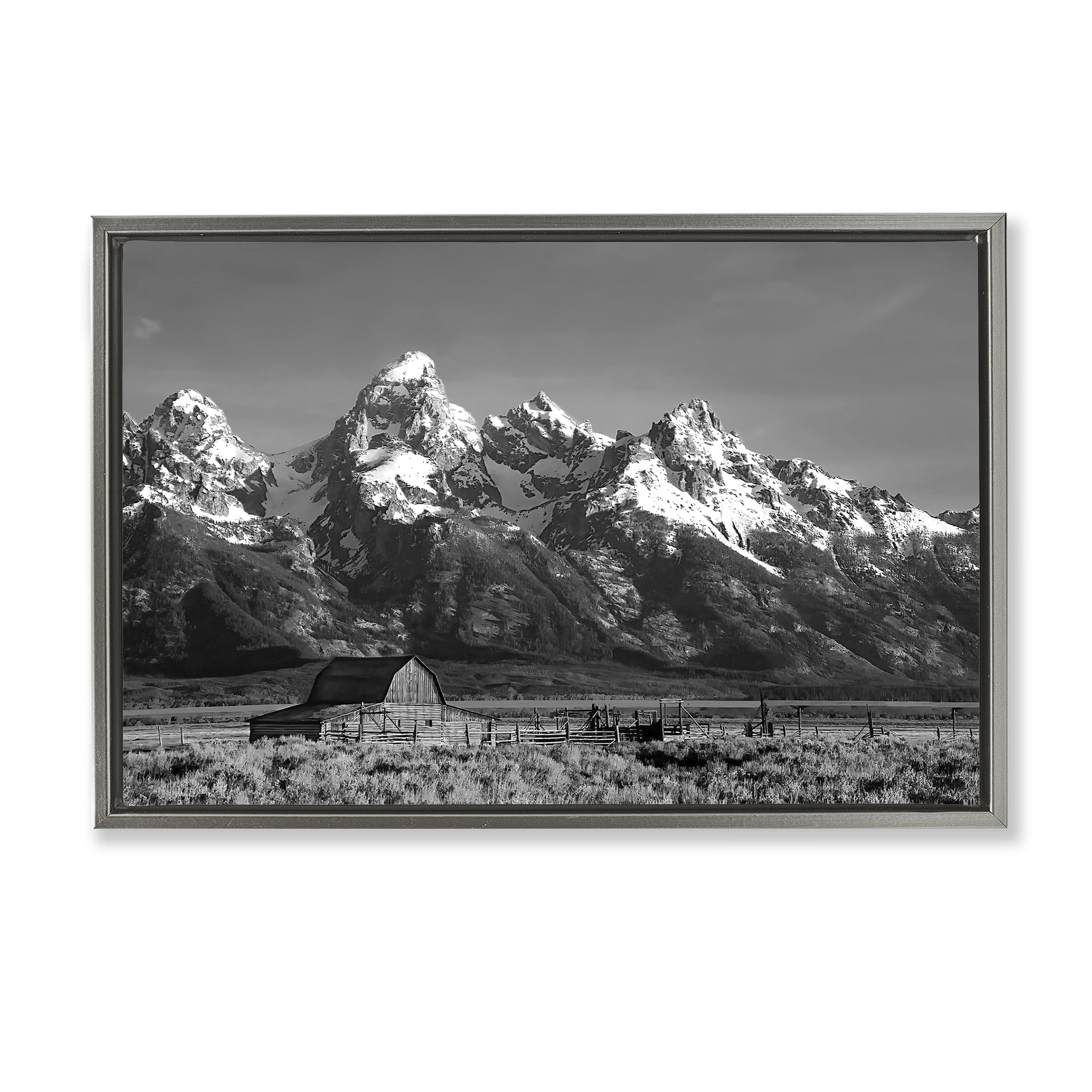 Stupell Industries Snowy Mountain Barn Landscape 'John Moulton Barn Landscape', Floating Frame Canvas Art, Gray, 25 X 17 Inches, Easy To Hang And Sturdy, Made In Usa, By Steve Toole