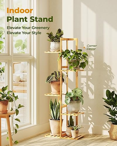 Miniatura 2 de Bamworld Soporte de bambú para plantas de interior, estante de 5 niveles para plantas de exterior, soporte de esquina para múltiples plantas,