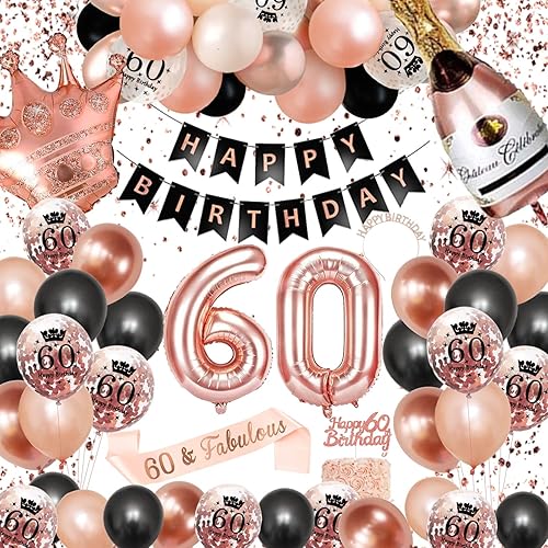 Decoraciones de cumpleaños número 60 para mujer, decoraciones de cumpleaños número 60 en color oro rosa para mujer, pancarta de feliz cumpleaños 60