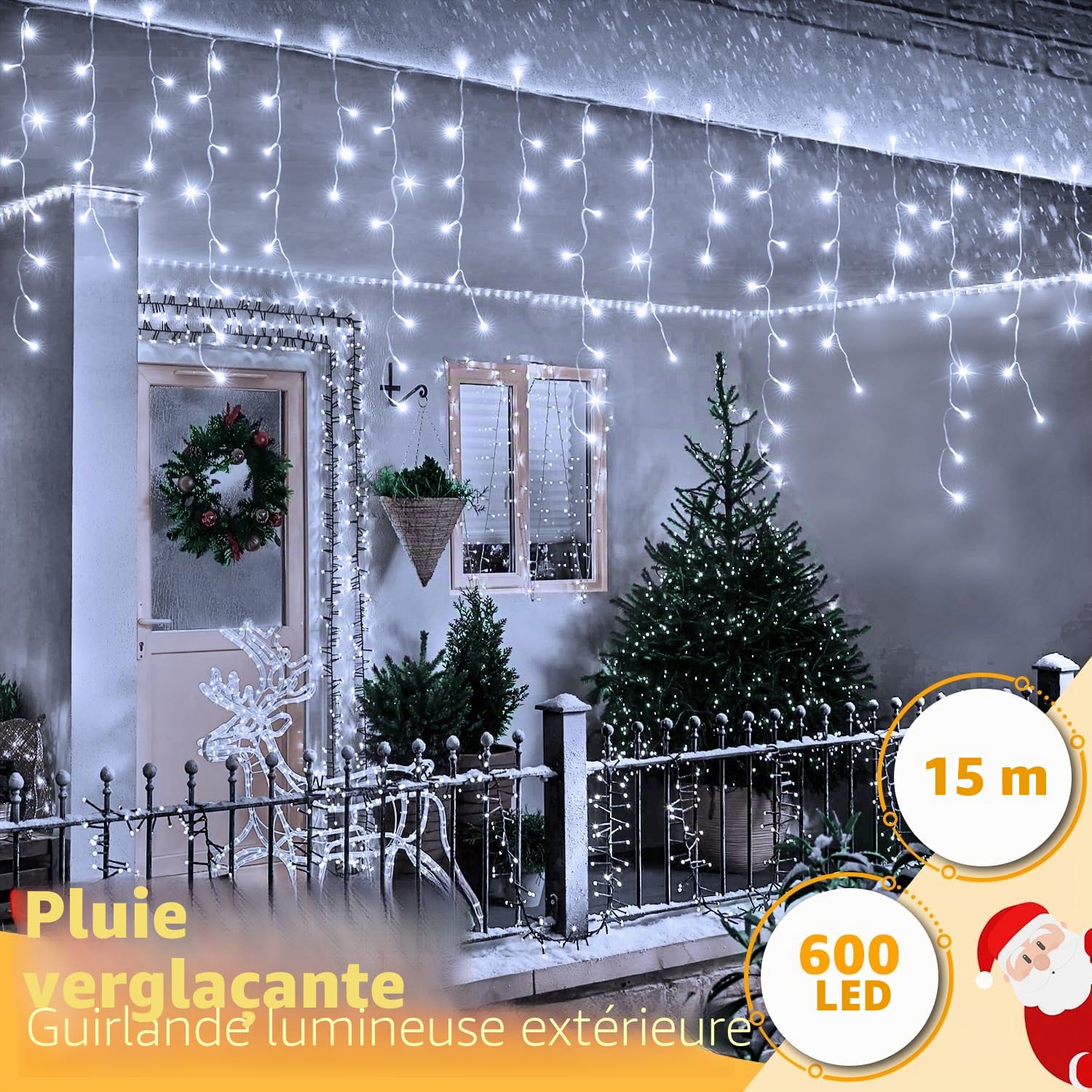 Ollny Pluie Verglaçante Guirlande Lumineuse Extérieure 15M Guirlande Lumineuse Extérieure avec Télécommande Étanche Lumières de Noël Extérieures blanc froid