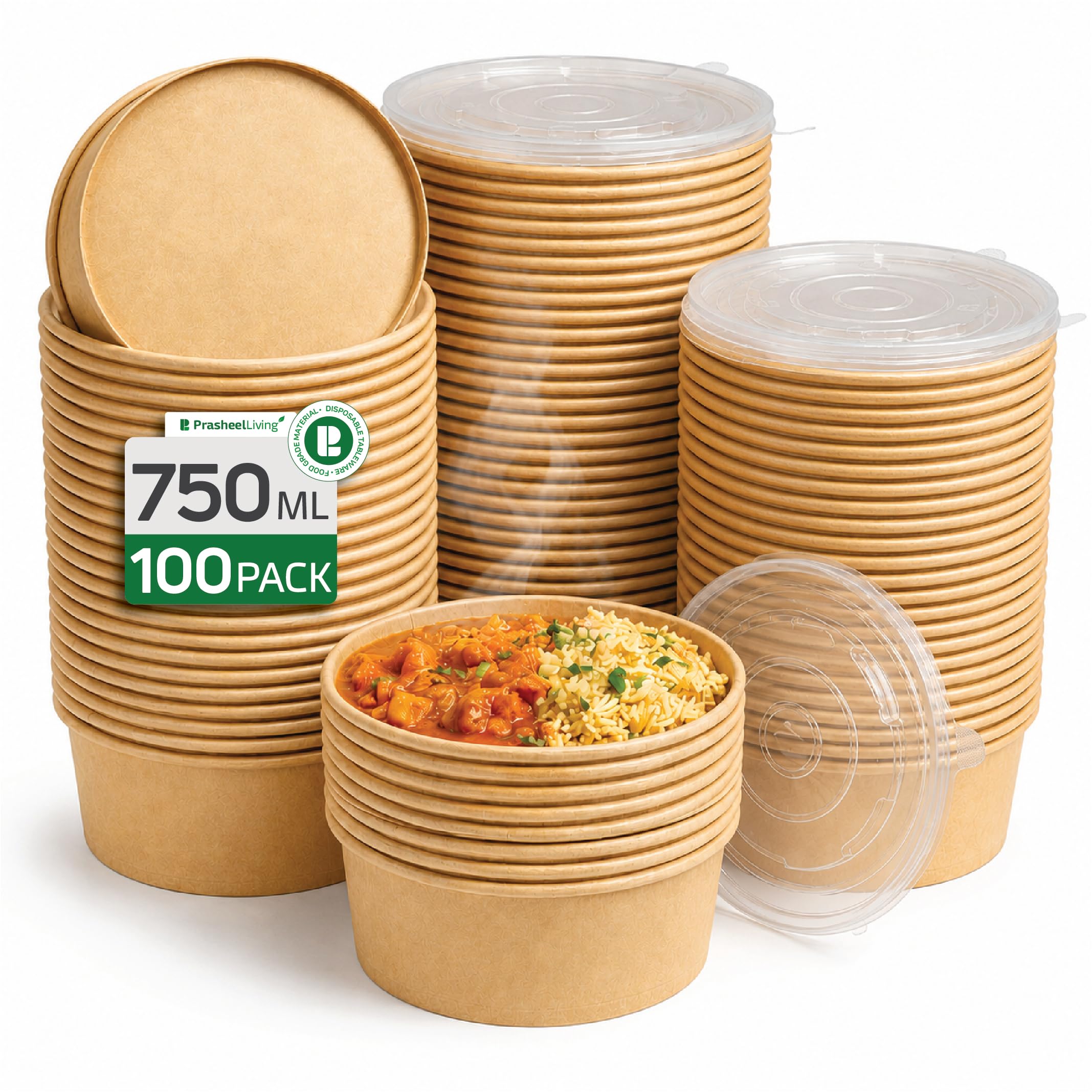PrasheelLiving [750 ml, 100 Pack] Disposable Round Kraft Paper Bowl with Lid | Takeout Containers for Hot/Cold Foods, Salad, Dessert, Soup, Noodles | Leak-Proof, Microwaveable Food Storage Containers