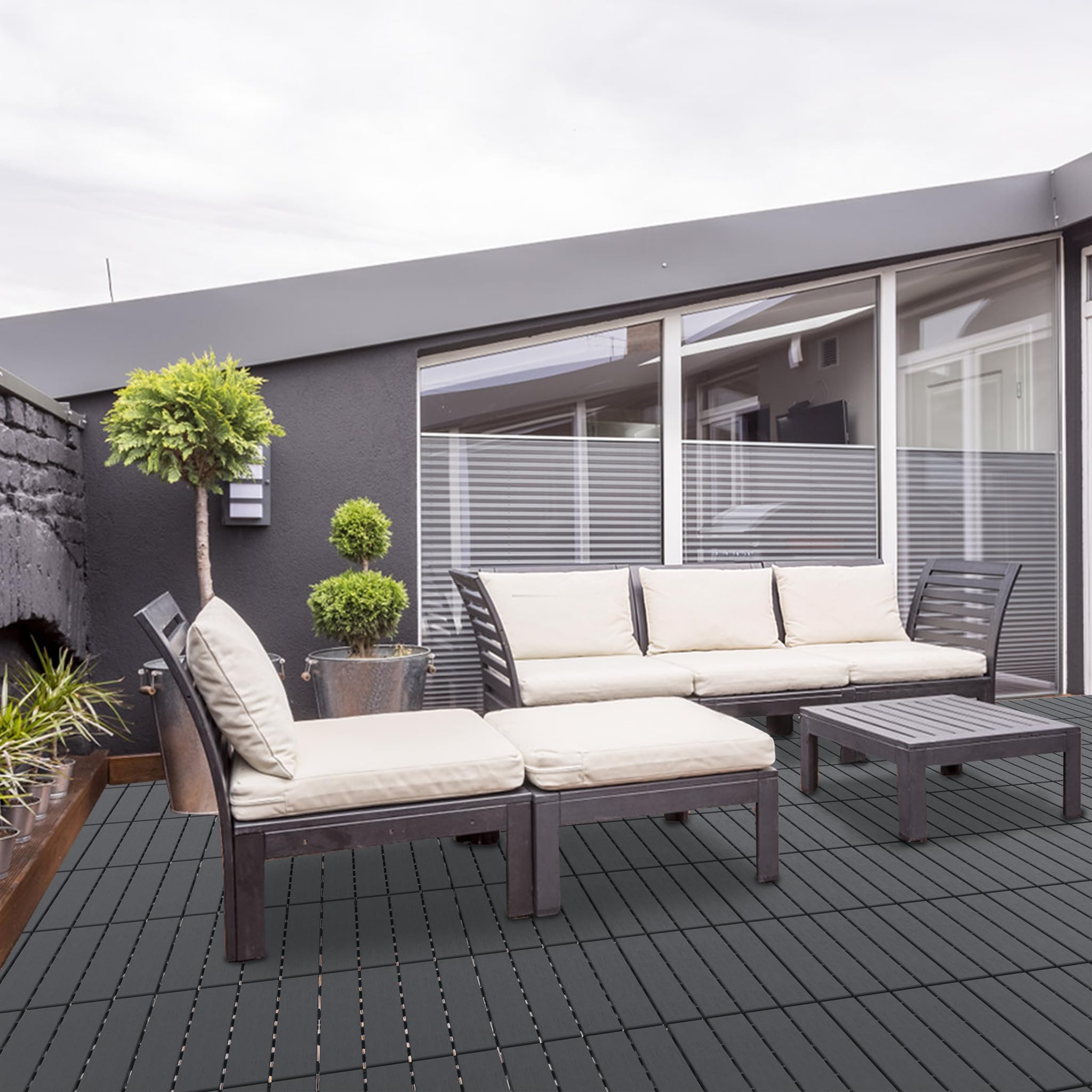 Aufun 44 Stück Balkonfliesen 30x30cm, Terrassenfliesen in Holzoptik, Wasserfeste Gartenfliesen Kunststoff mit Klick-System, Bodenbelag für Balkon, Terrasse, Außenbereich, Dunkelkaffee, 4m² Anthrazit