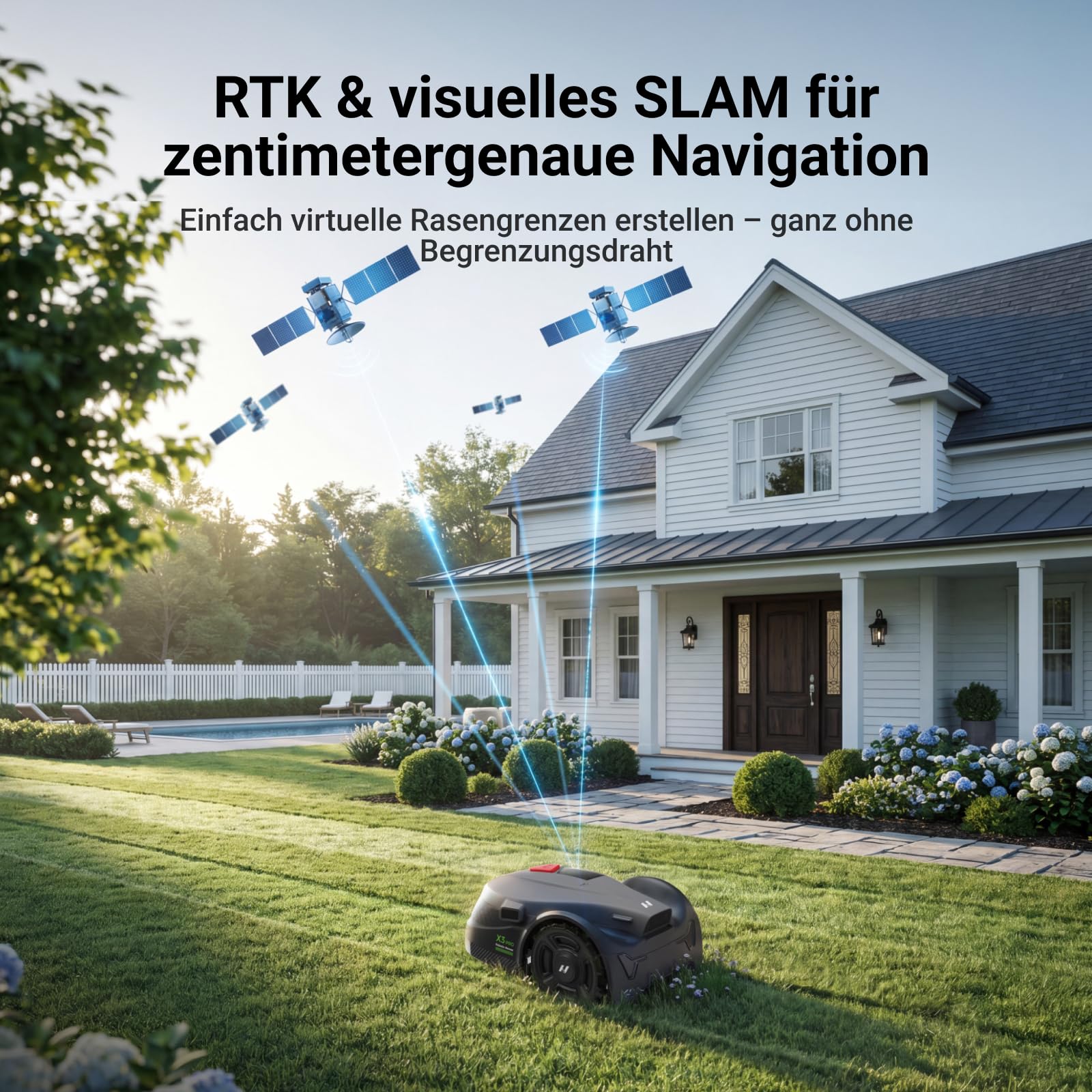 NovorikX X3 Pro Mähroboter ohne Begrenzungskabel für 1500 m², 12mm Ultra-Präziser Randmähen, Verschiebbare Messerscheibe, RTK+3-Kamera-System, Nachtbeleuchtung, KI-Hindernisvermeidung, App-Steuerung