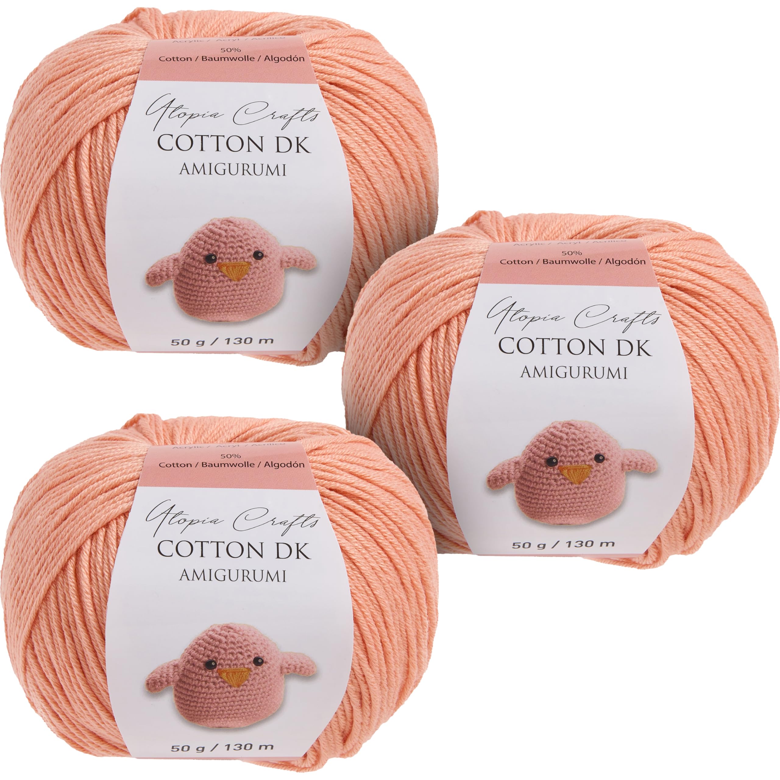 Utopia Crafts Amigurumi Cotton DK Yarn for Crochet and Knitting 50% Cotton, 50% Acrylic Blended, 3X 50g (Flesh)