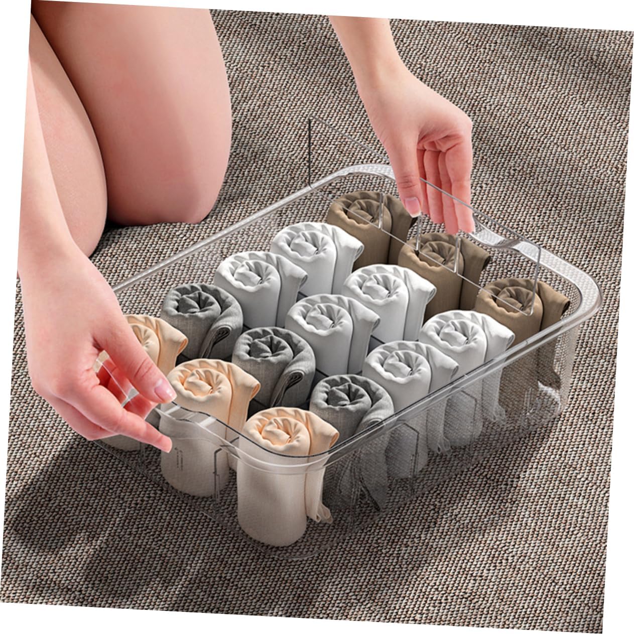 Type Socks Organizer Box with Transparent Compartments Adhesive Multi Functional Underwear and Sock Storage Container for Closet Cabinet Wardrobe Space Saving and Dustproof