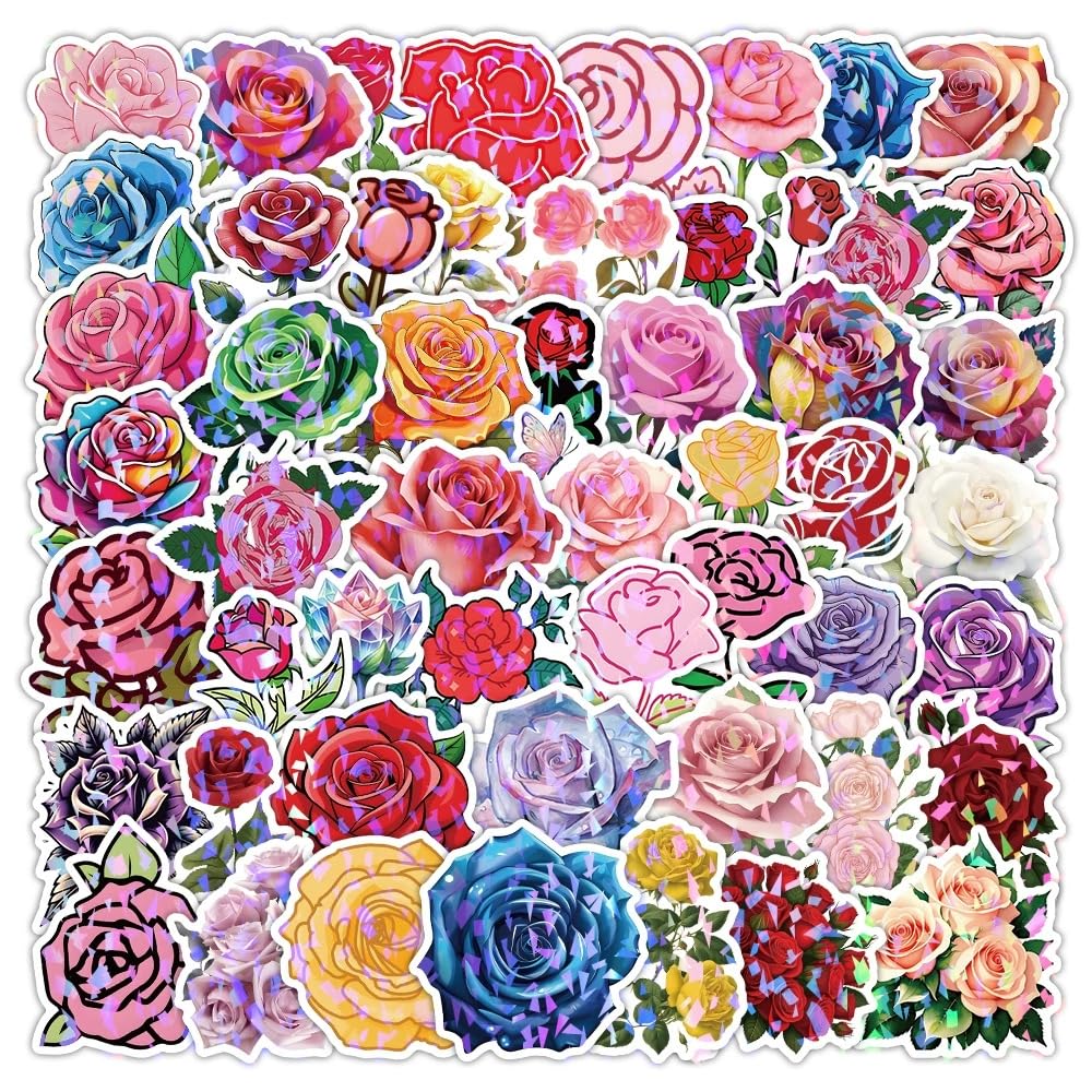 50 PCS Rose Romantic Flower Stickers,Rose Sticker Pack Vinyl Skateboard Guitar Door Laptop Luggage Car Bike Water Bottle Birthday Party Supplies Teens Boys and Girls Decals