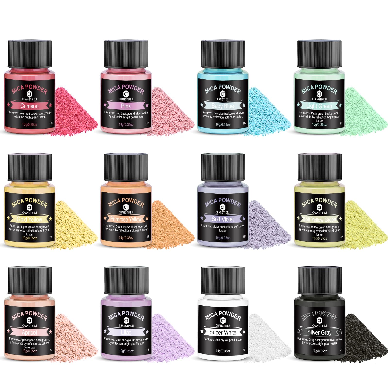Mica Powder 12 Colors Pearlescent Pigment - for Resin Epoxy, Soap Making, Nail Polish, Lip Gloss, Eye Shadow, Bath Bomb, Slime & Candle - 10g Each