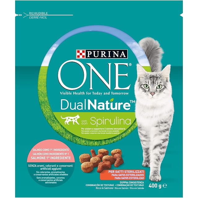 Foto 2 de 8 de Purina ONE Dual Nature Katzenfutter Esterilisiert, Reich an Lachs mit natürlicher espirulina, 400 g