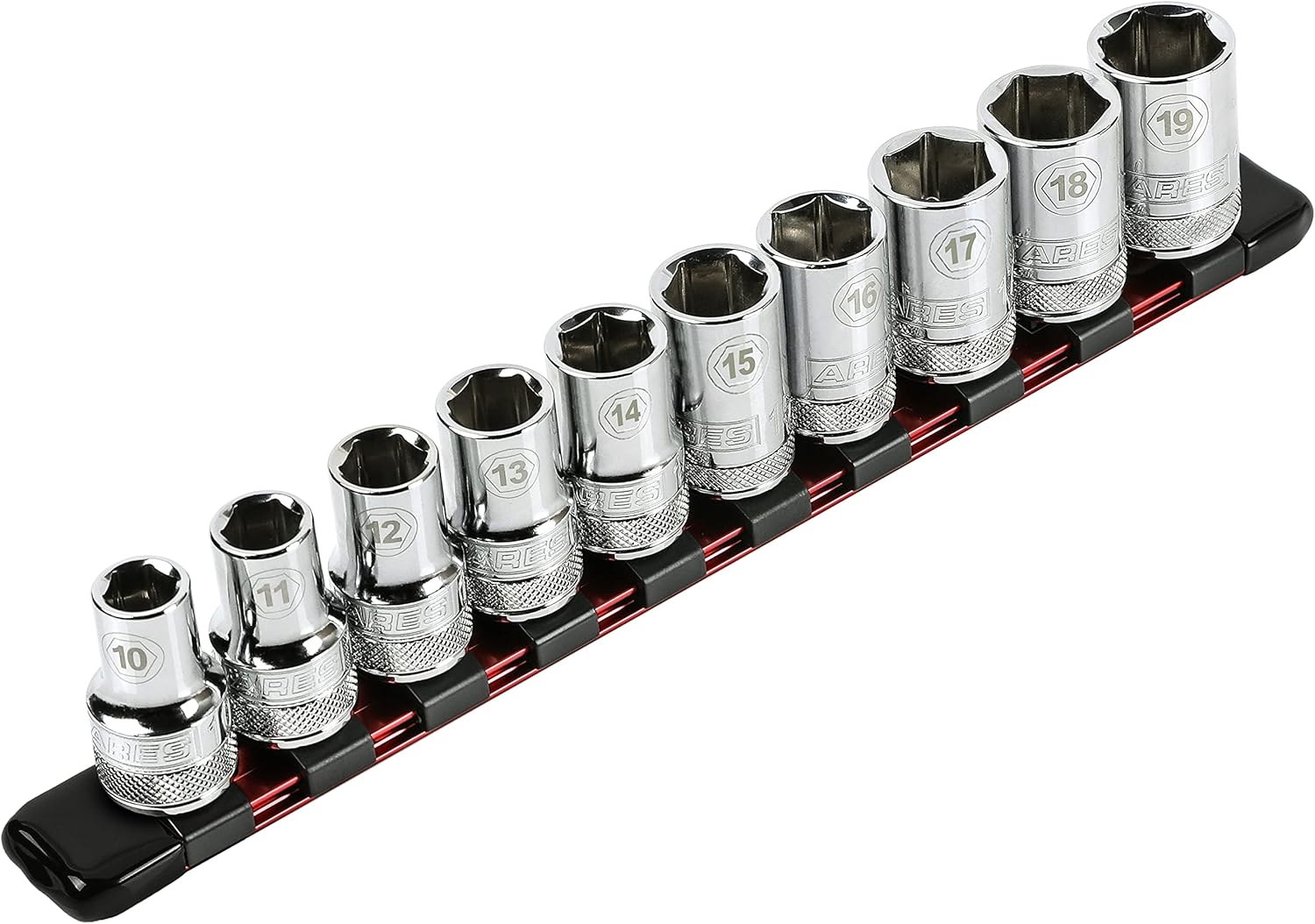 ARES 70342-1/2-Inch Drive Aluminum Socket Organizer - Store up to 10 Sockets and Keep Your Tool Box Organized - Sockets Will Not Fall Off this Rail