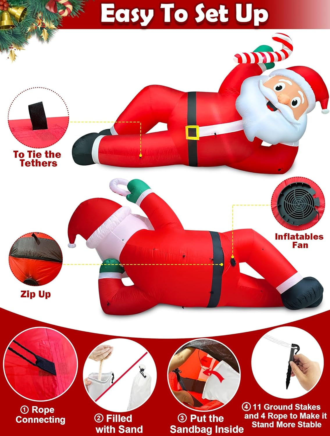 TURNMEON 12 Foot Super Giant Christmas Inflatables Santa Claus Outdoor Decorations, Blow Up Lying Santa Holds Candy Cane Built-in LED Lights Inflatable Christmas Decorations Garden Lawn Holiday Party