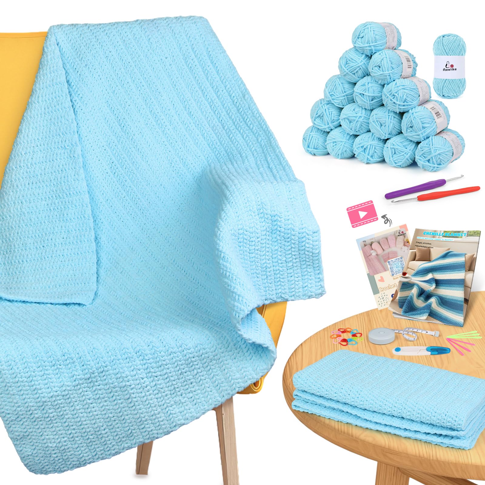 Aeelike Häkelset für Anfänger, einfaches Häkeldecken-Set mit weichen Chenille-Garnen, detaillierte Anleitung zum Häkeln, Zubehör, komplettes Häkelset für Anfänger, Meeresblau | Decke Häkelset für Anfänger Erwachsene mit Chenille-Garnen Detaillierte Video-