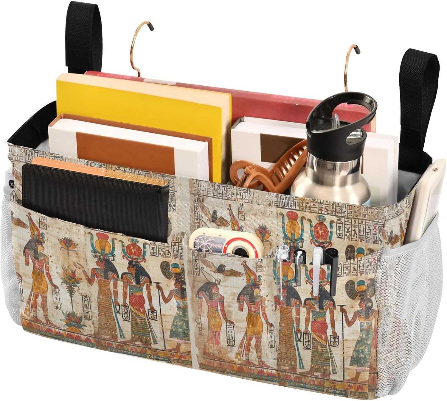 YETTASBIN Egyptian Murals Bedside Caddy Hanging Storage Organizer Bag with 2 Straps & Hooks for Bunk Beds, College Dorm, Hospital Bed - Holder for Books, Phone, Magazine, Glasses, Keys