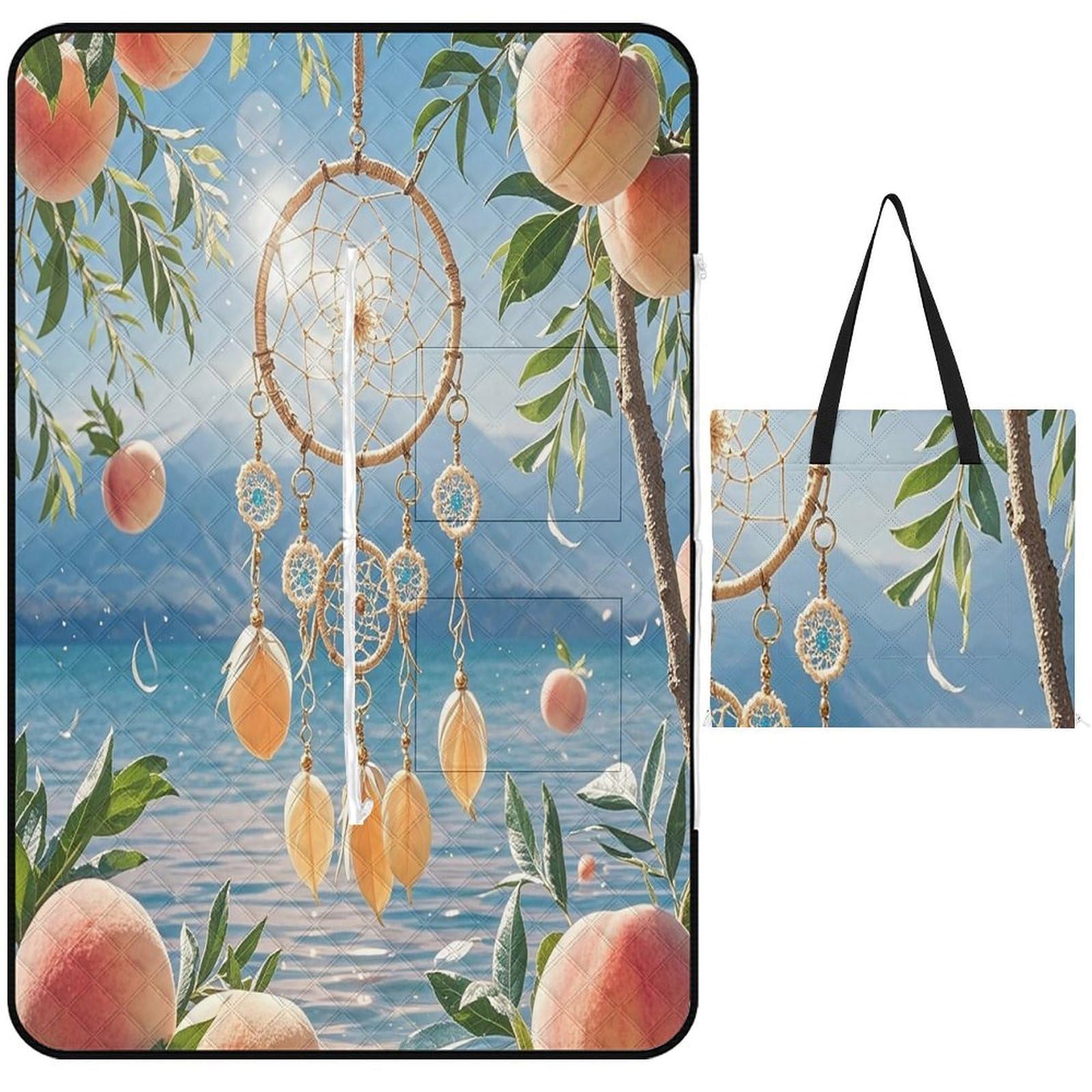 VstaDank Peach Dream Catcher Picnic Mat 150x100cm Extra Large Picnic Blanket with Zipper Waterproof Sandproof Beach Blanket Portable Beach Mat Foldable Camping Blankets for Park Grass Lawn Travel