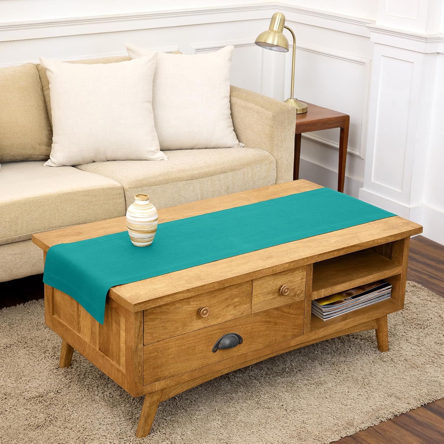 Solino Home Linen Table Runner 60 Inches - 100% Pure Linen Teal Table Runner 14 x 60 Inch Ideal for Dresser and Coffee Tables, Mothers Day - Fete