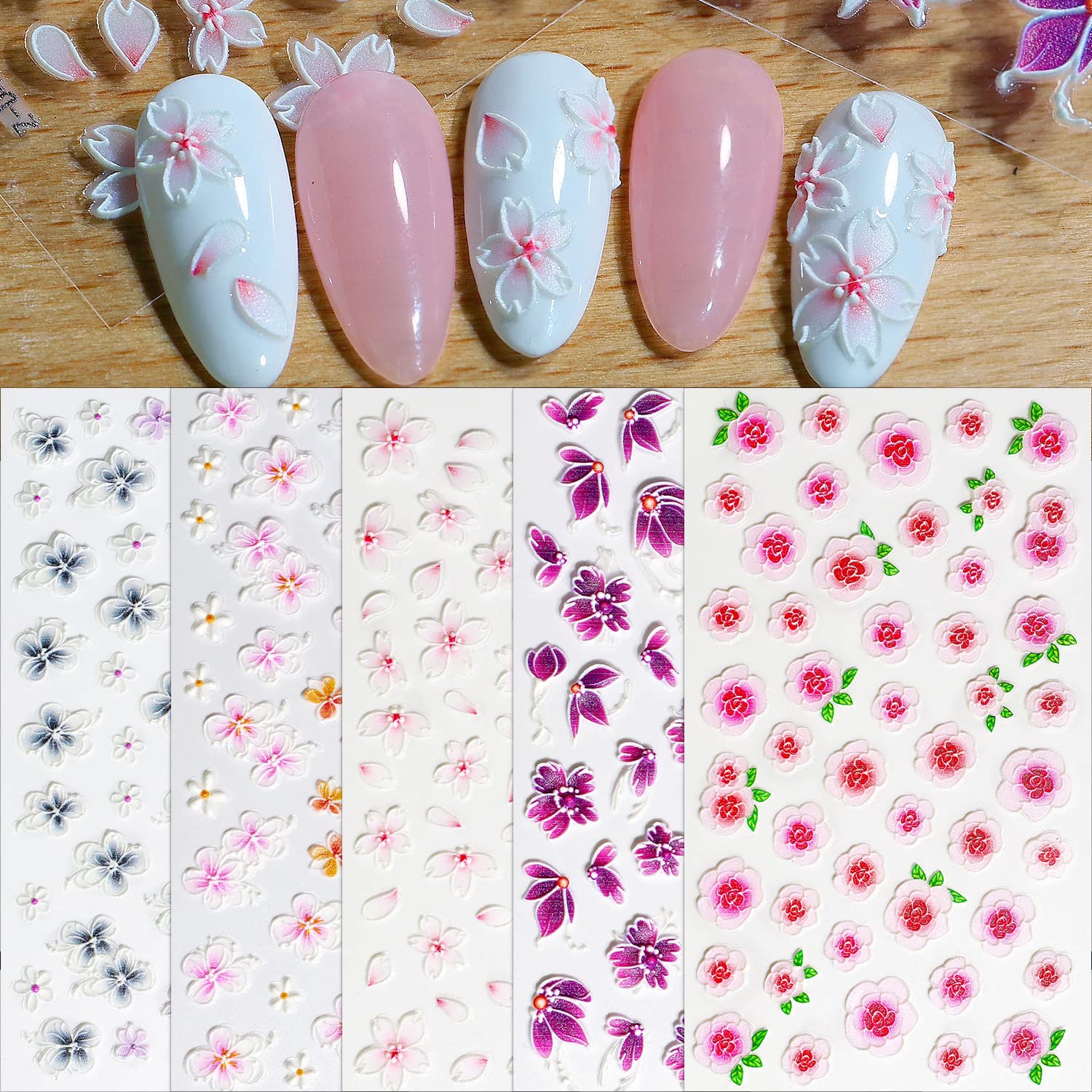 WOKOTO 5 Sheets Embossed 5D Nail Stickers Flowers for