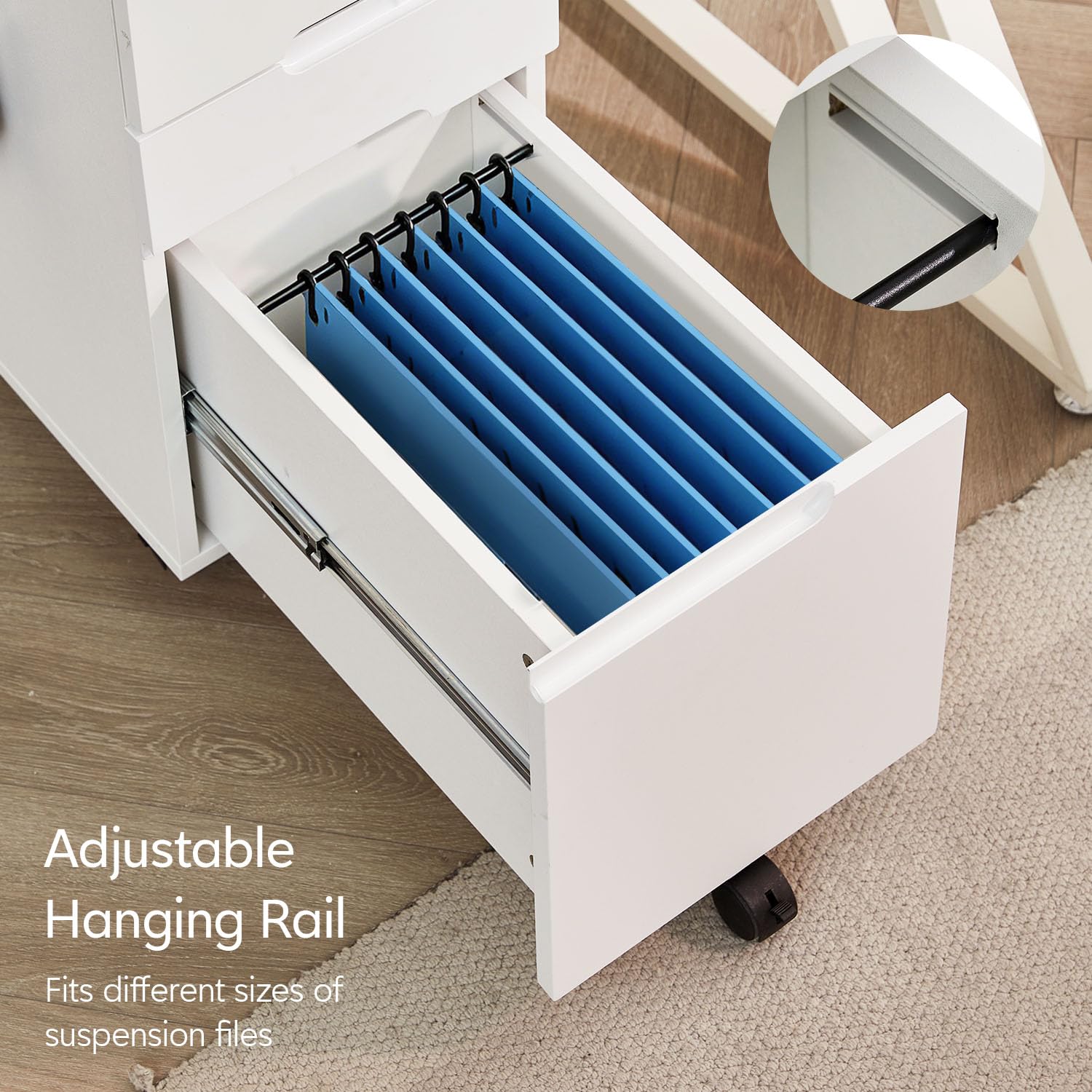TUKAILAi 3 Drawer Lockable Filing Cabinet on Wheels for Hanging A4 Files, C-white, 45x30x60cm - Image 4