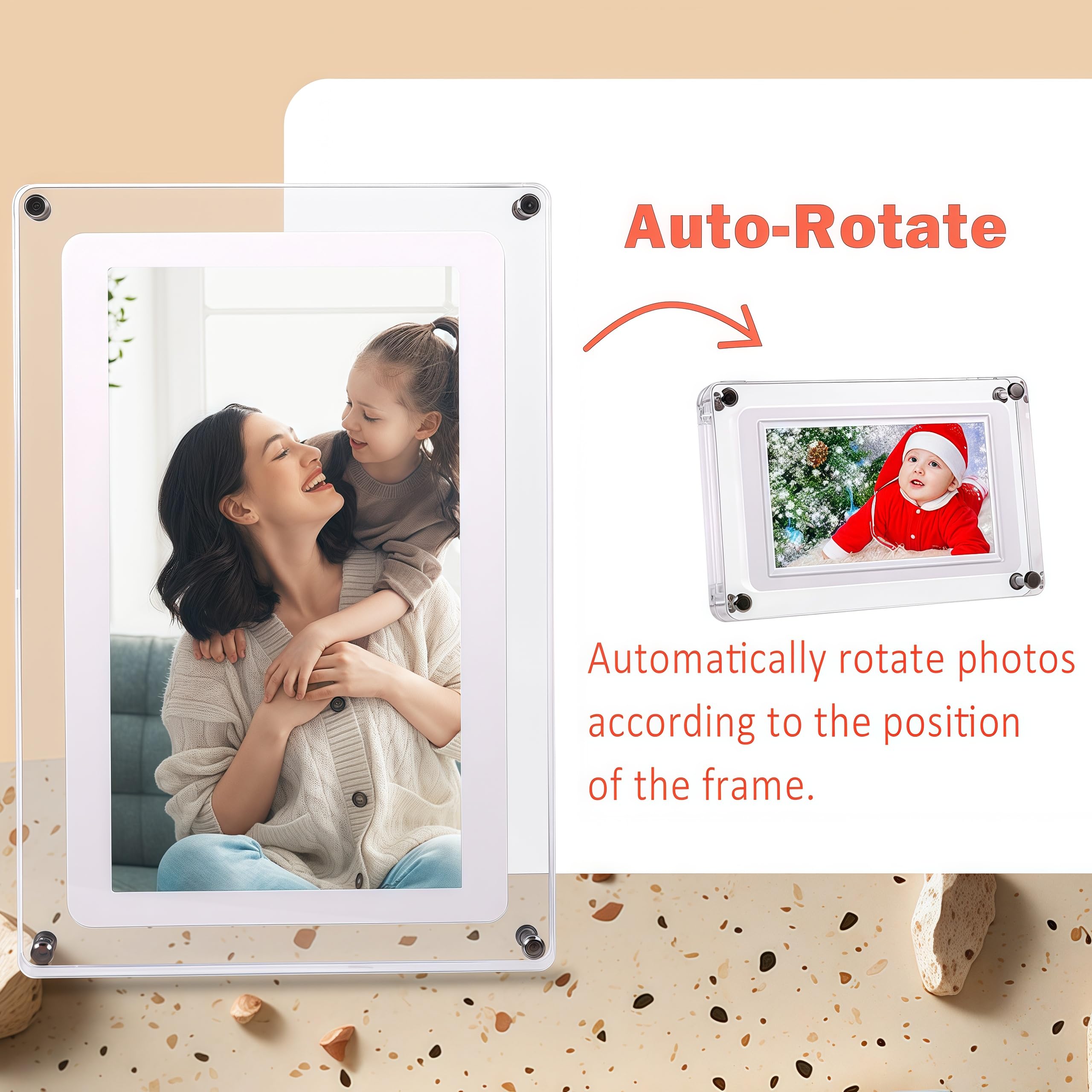 Cornice digitale Wi-Fi da 10,1 pollici con app Frameo, design con cornice in acrilico, memoria da 32 GB, touchscreen IPS, rotazione automatica, facile condivisione tramite app (10.1-acrilico)