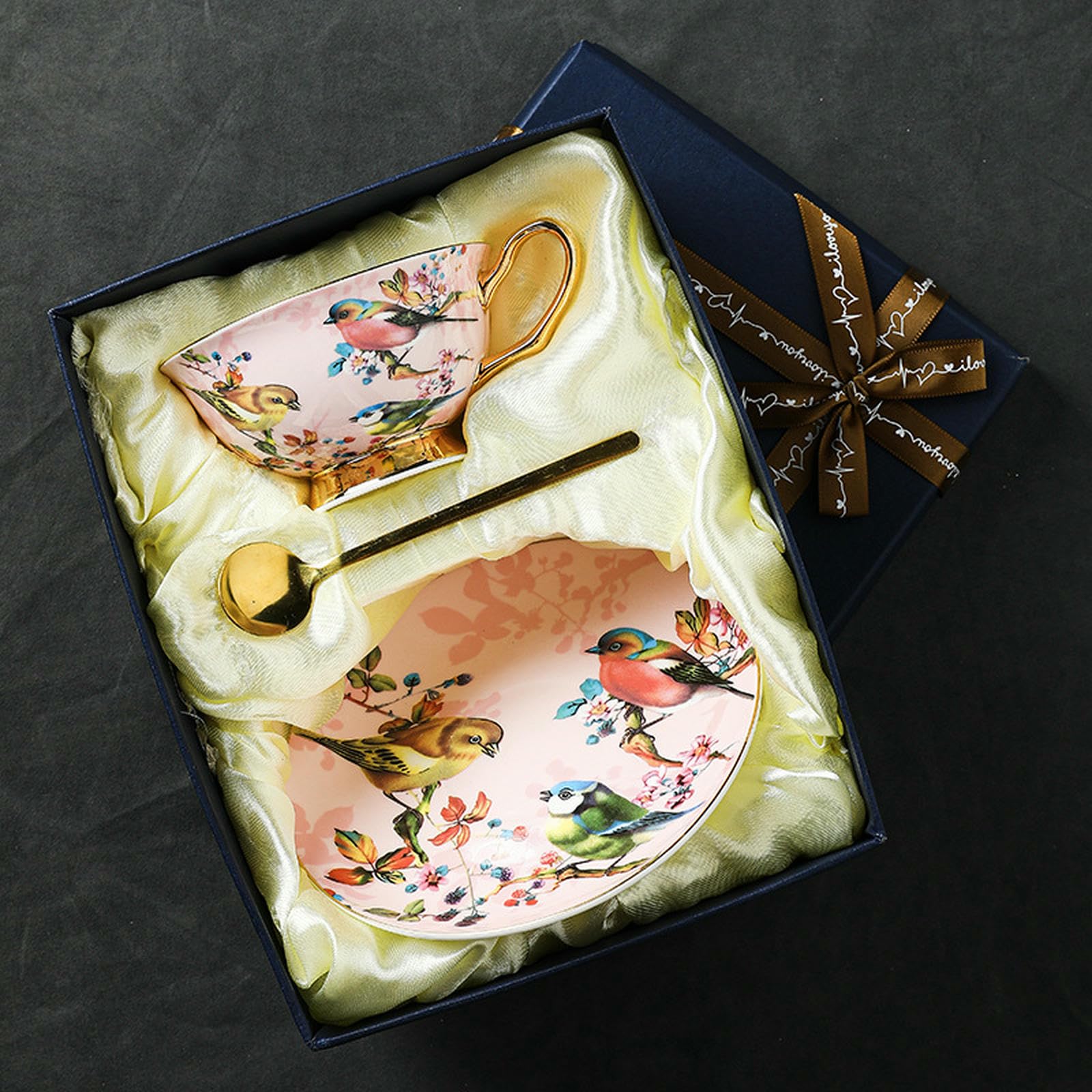 Kreatywny i spersonalizowany zestaw filiżanek do kawy, porcelana kostna popołudniowa herbata domowa filiżanka do herbaty - różowy ptak 2 filiżanki 2 talerze 2 łyżki 1 uchwyt na kubek pudełko
