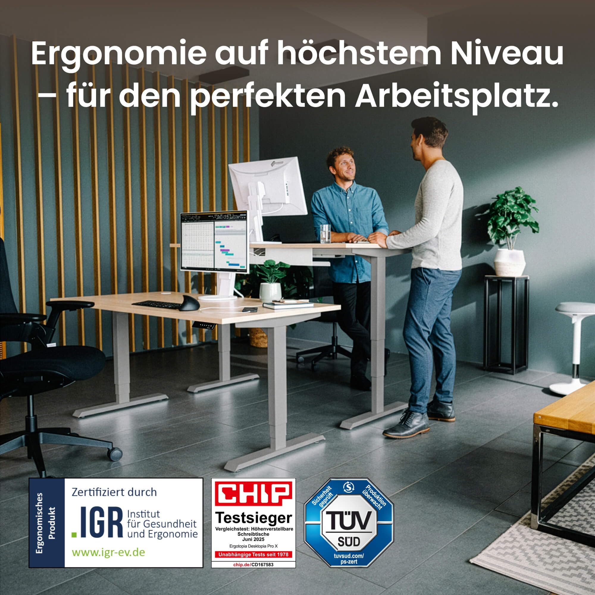 Ergotopia Desktopia Pro X Elektrisch höhenverstellbarer Schreibtisch, Ergonomischer Stehtisch für Büro oder Home Office (Ahorn, Gestell Grau, 180 x 80 cm)