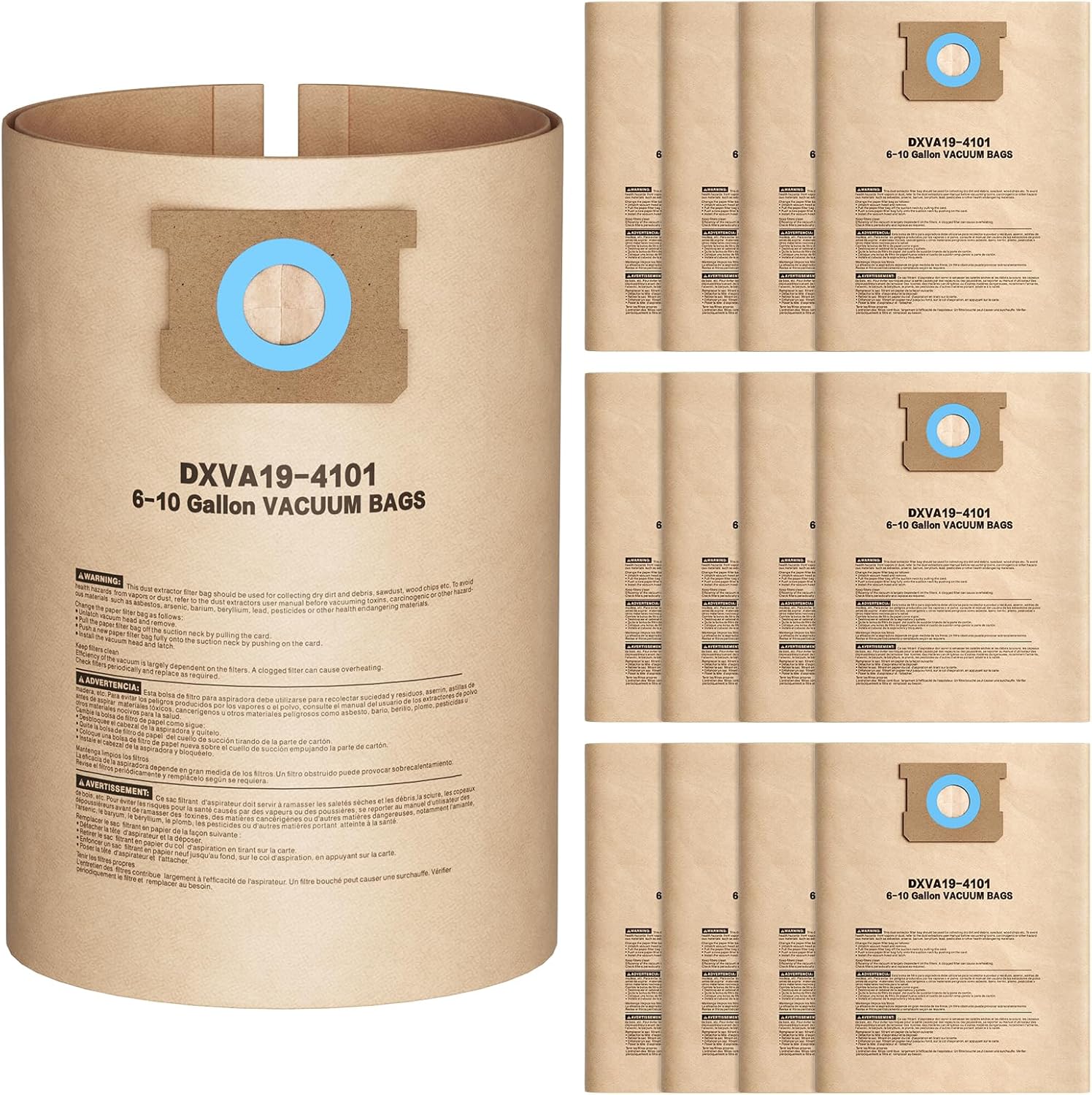 12 Pack DXVA19-4101 Vacuum Bags For DEWALT 6, 8, 9, 10 Gallon Wet/Dry Shop Vacuums, Replacement Disposable Filter Bags for DeWalt DXV06P, DXV09P, DXV09PA, DXV10P, DXV10PL, DXV10S, DXV10SA, DXV10SB