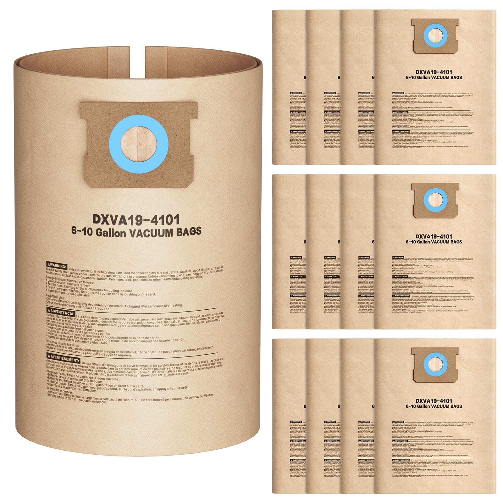 Photo 1 of 12 Pack DXVA19-4101 Vacuum Bags For DEWALT 6, 8, 9, 10 Gallon Wet/Dry Shop Vacuums, Replacement Disposable Filter Bags for DeWalt DXV06P, DXV09P, DXV09PA, DXV10P, DXV10PL, DXV10S, DXV10SA, DXV10SB